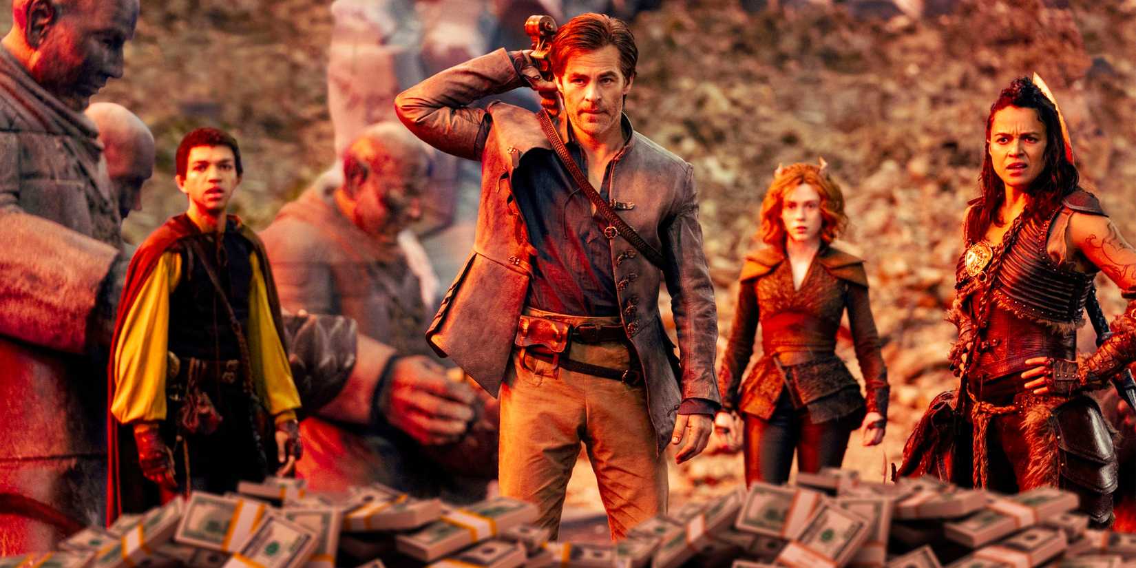 The cast of Dungeons and Dragons: Honor Among Thieves standing behind a mound of money