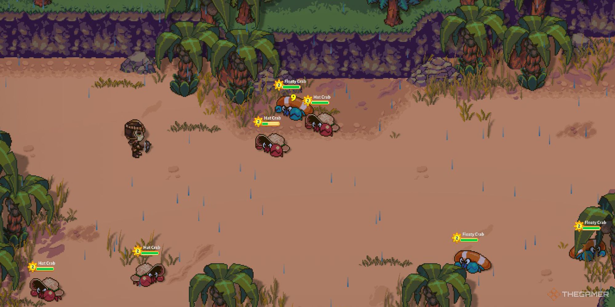 Players fighting Hat Crabs on the beach in Sun Haven