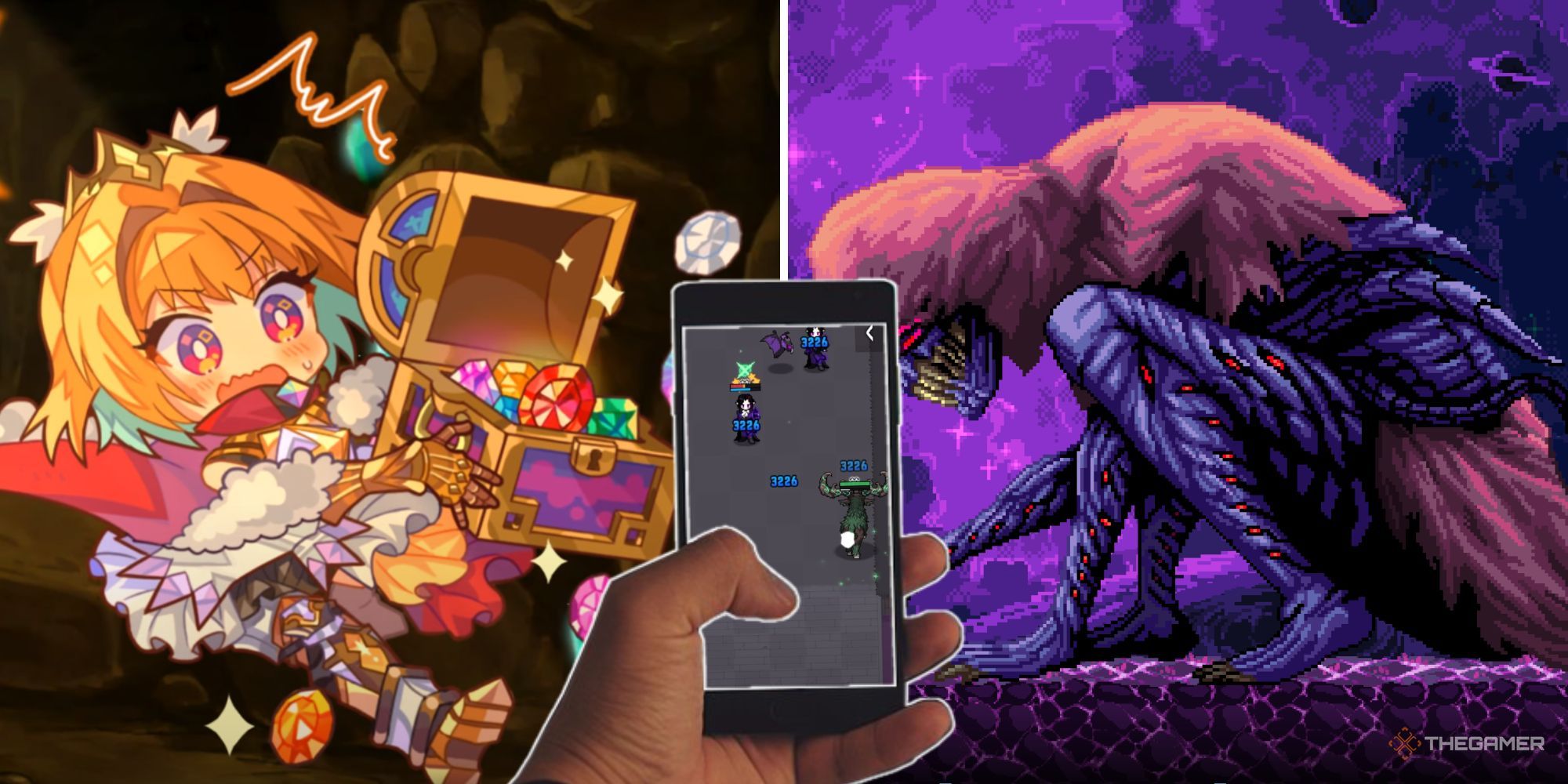 A cutout hand holding a phone overlayed on top of a split image, showing a giant purple creature with lots of sharp teeth, and an animated character holding a golden chest full of shiny gems.