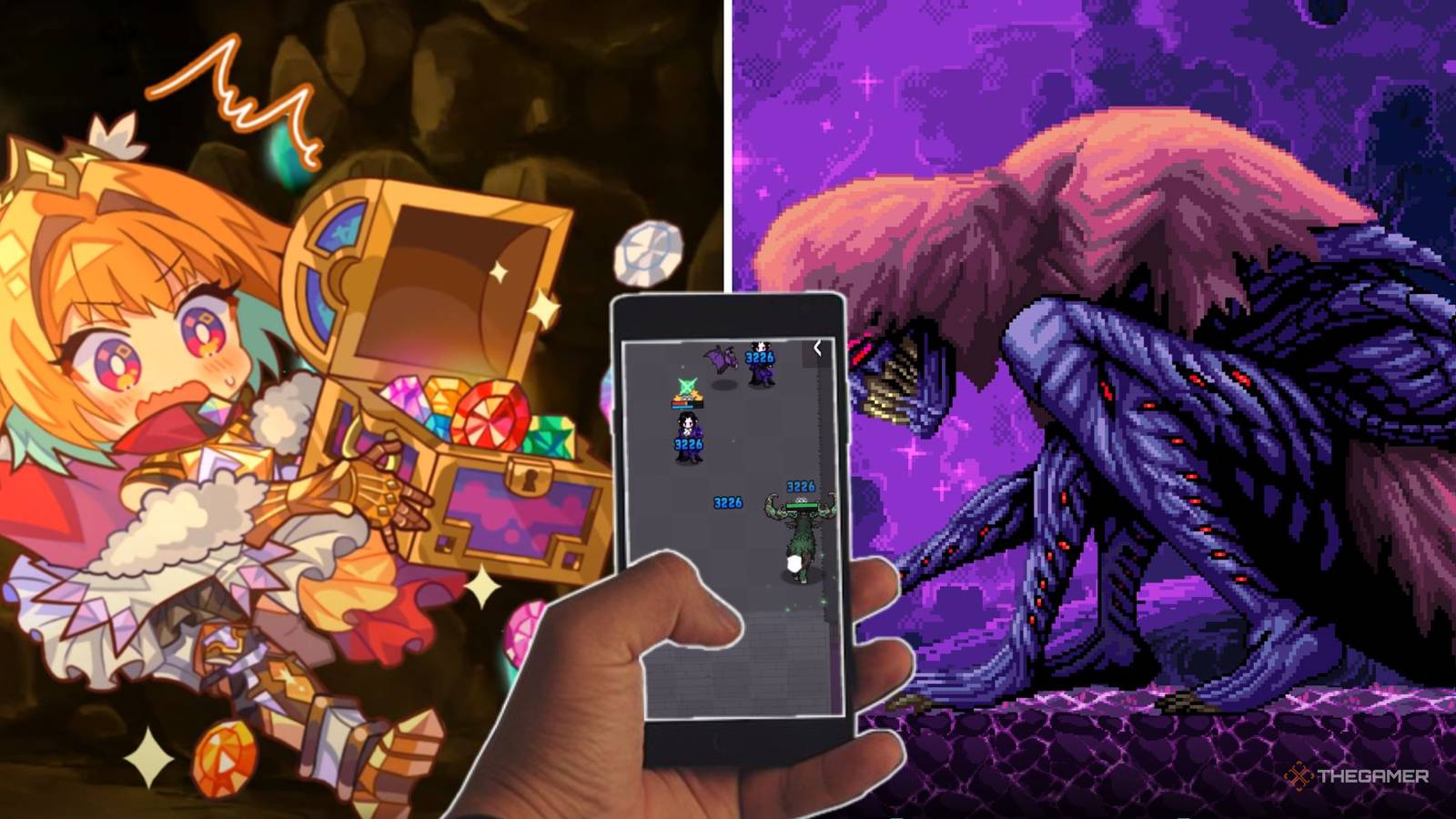 A cutout hand holding a phone overlayed on top of a split image, showing a giant purple creature with lots of sharp teeth, and an animated character holding a golden chest full of shiny gems.