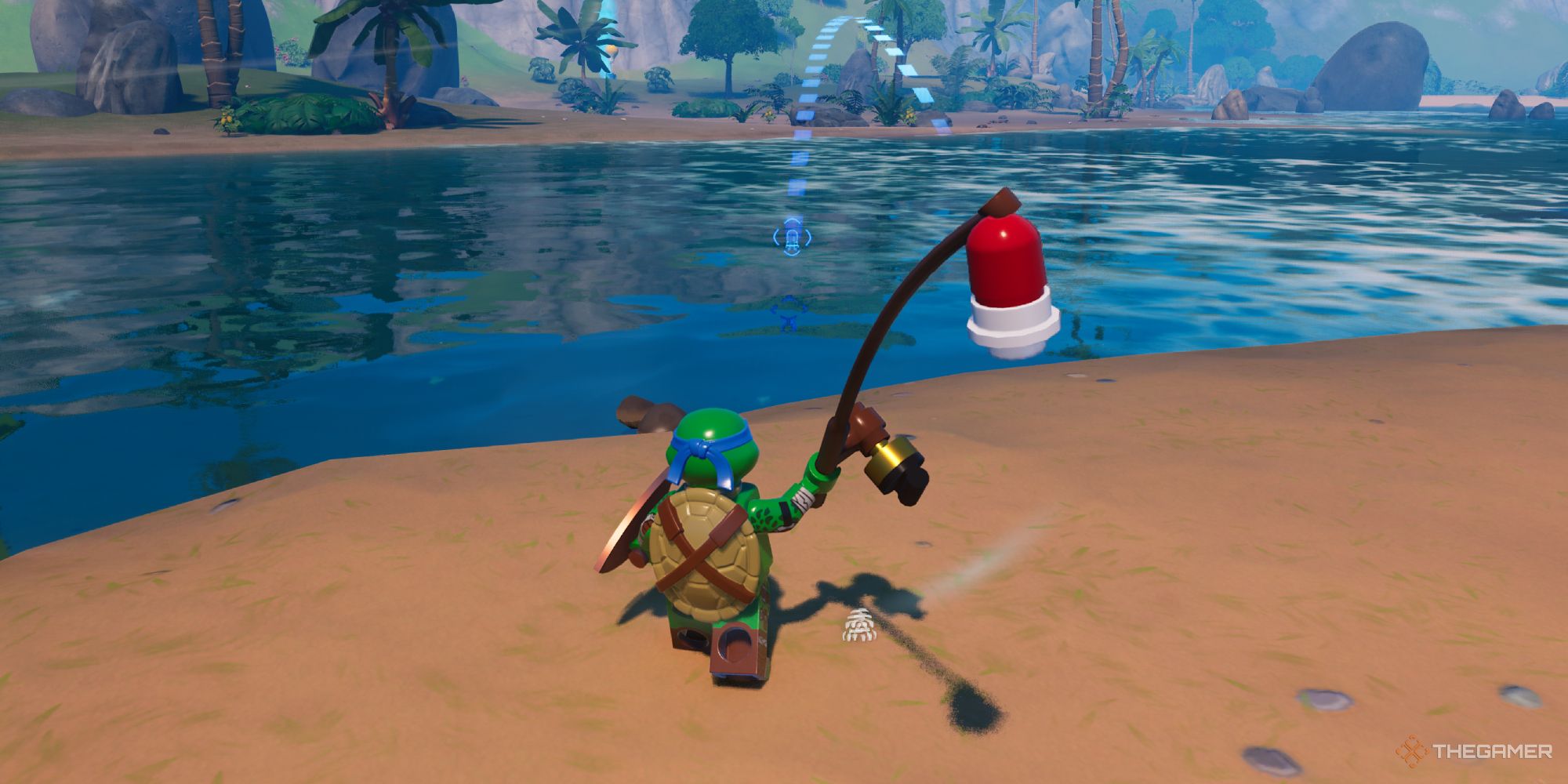 Leonardo fishing in the ocean in Lego Fortnite