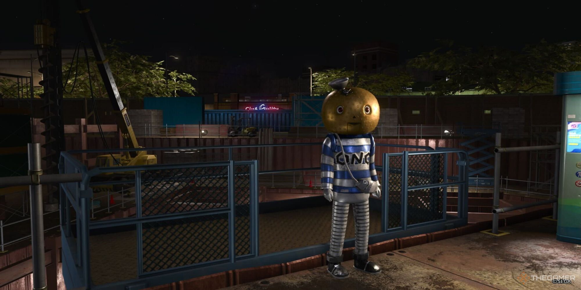 A screenshot from Like a Dragon: Infinite Wealth showing the robot version of Ono Michio standing at the entrance of the Hawaiian Haunt dungeon