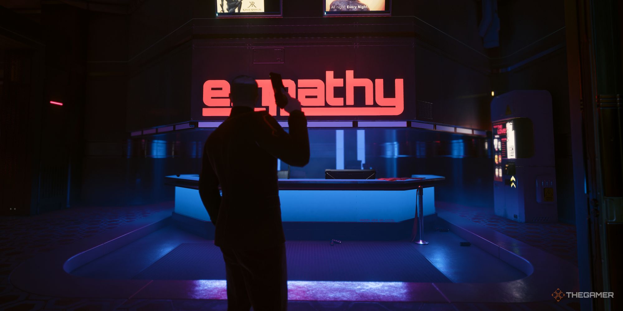 V entering Empathy, a night club in Cyberpunk 2077