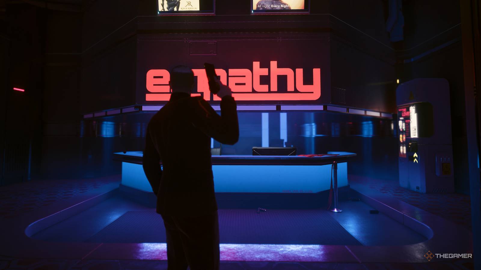 V entering Empathy, a night club in Cyberpunk 2077
