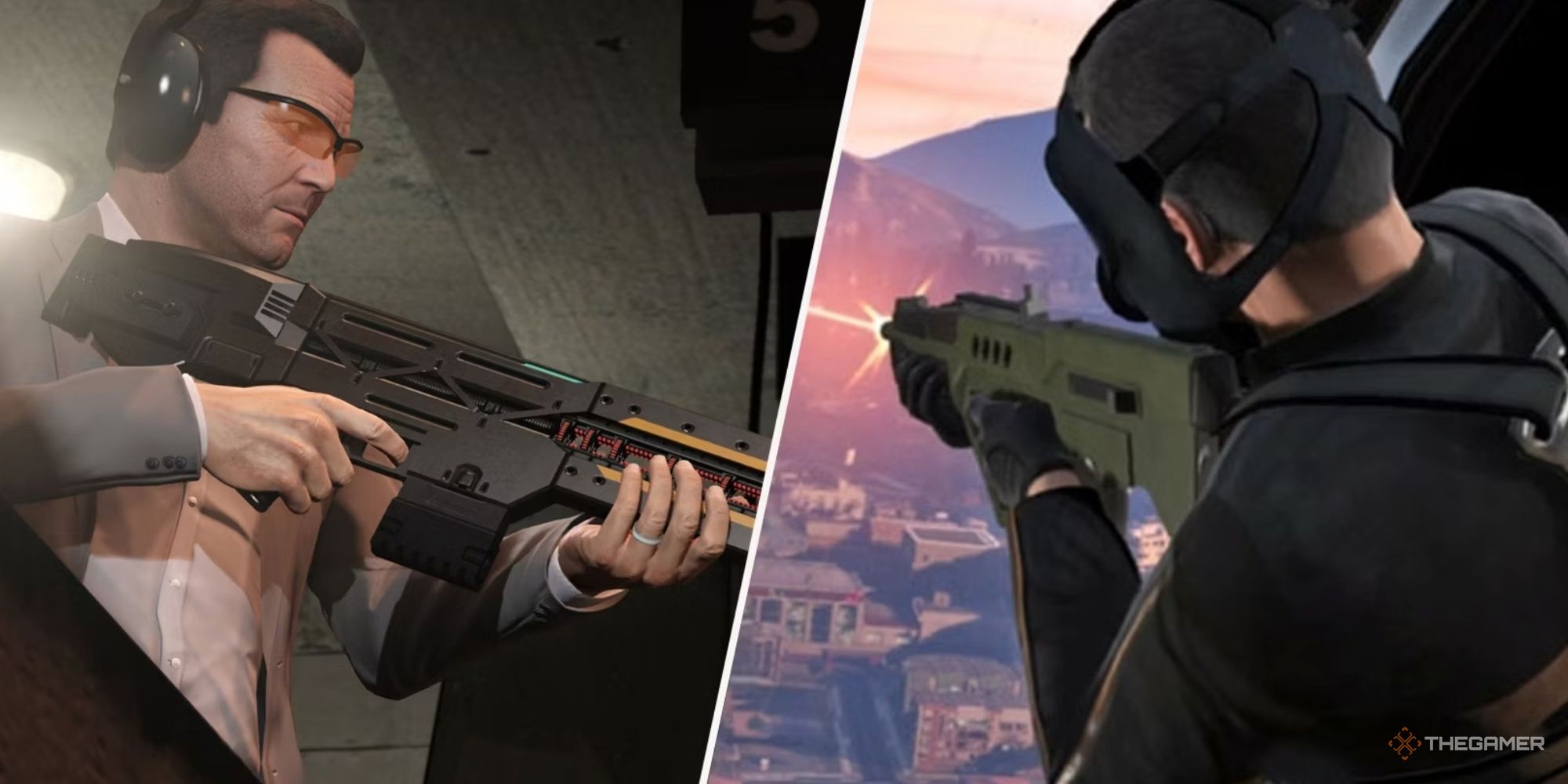 A collage of two characters from GTA wielding different guns.