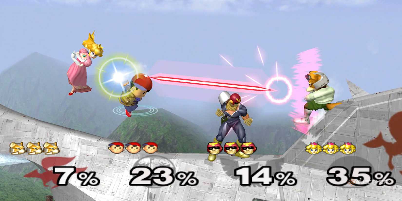 Fox, Peach, Ness, and Captain Falcon fighting in Super Smash Bros. Melee