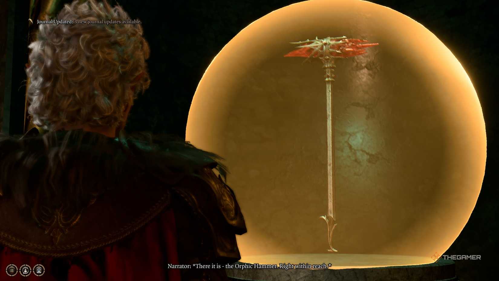 Astarion inspects the barrier-protected Orphic Hammer in Baldur's Gate 3.