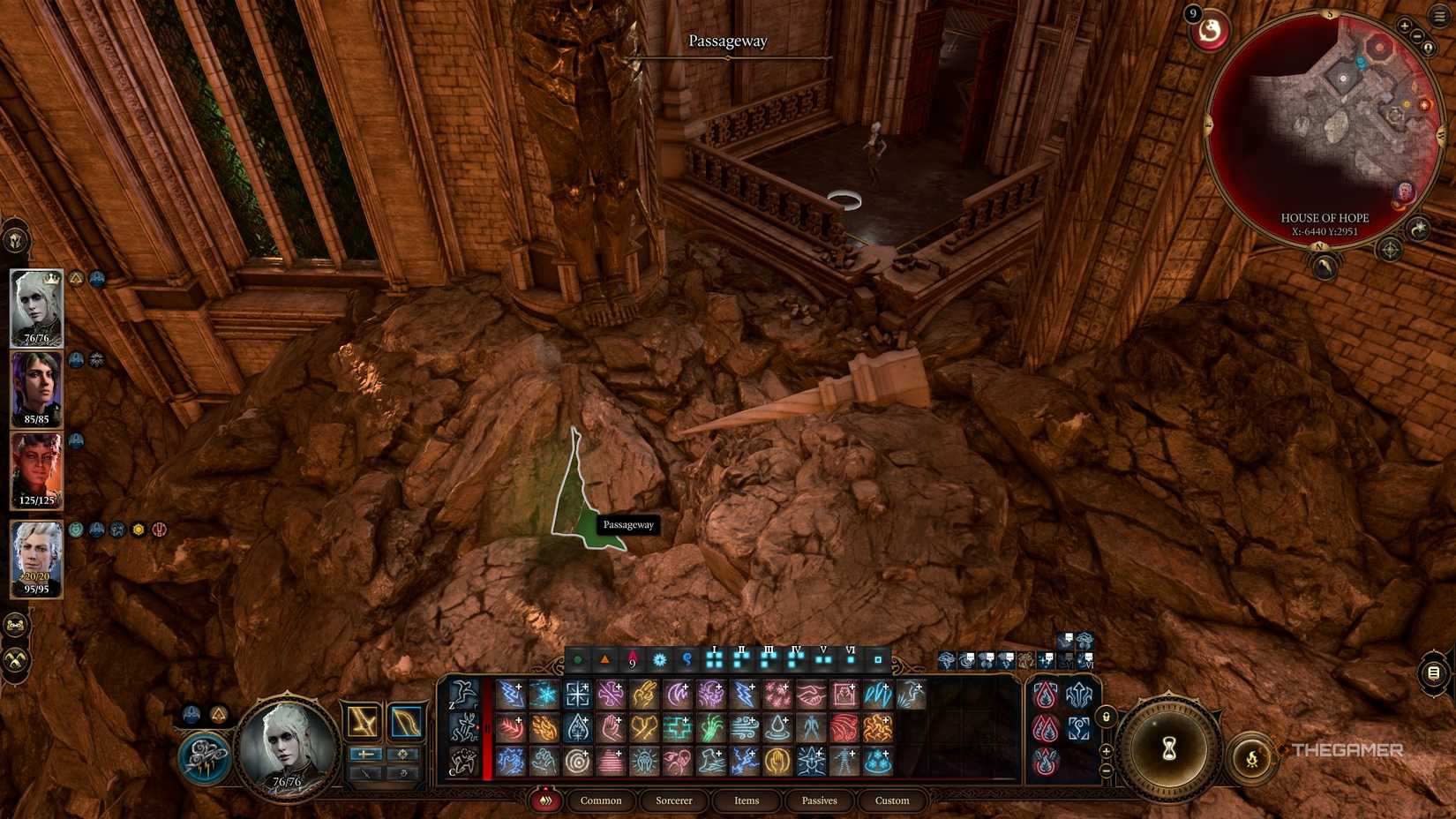 Player inspects secret passage into Hope's Prison off the side of a balcony in Baldur's Gate 3.