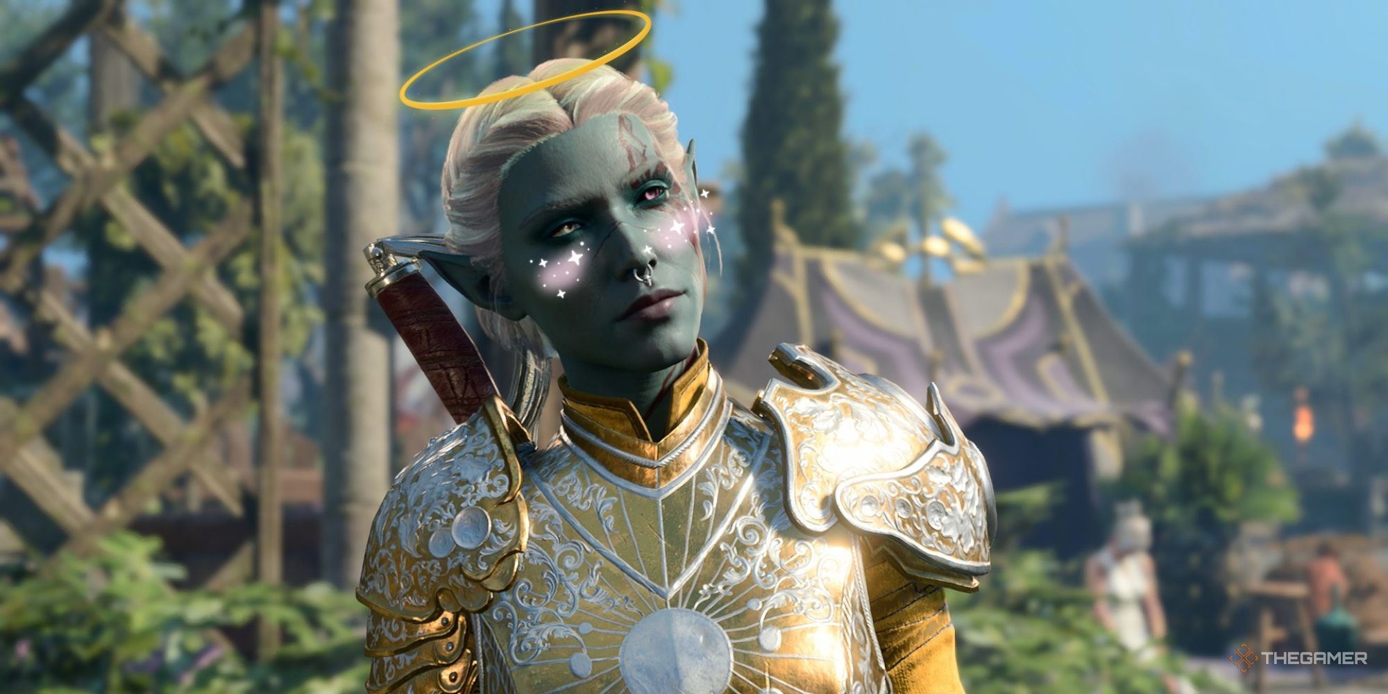 Baldur's Gate 3 Drow Tav with blushing and halo graphics, standing in camp