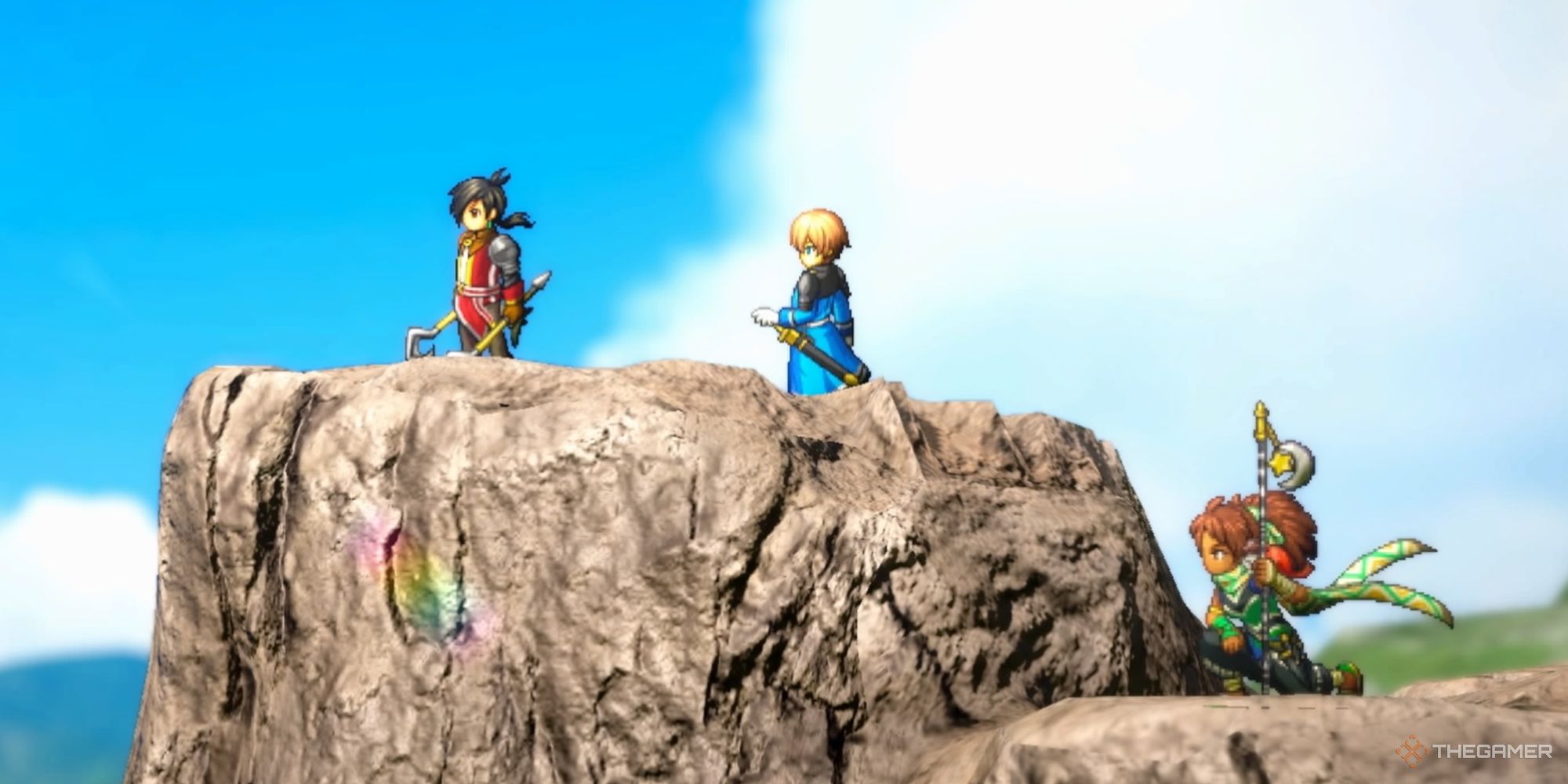 Eiyuden Chronicle Hundred Heroes, Nowa, Seign, and Marisa standing on a cliff