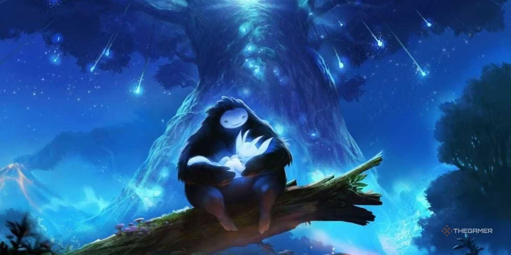 In Ori and the Blind Forest, Ori holds a forest spirit in his hand and a huge tree towers behind him.