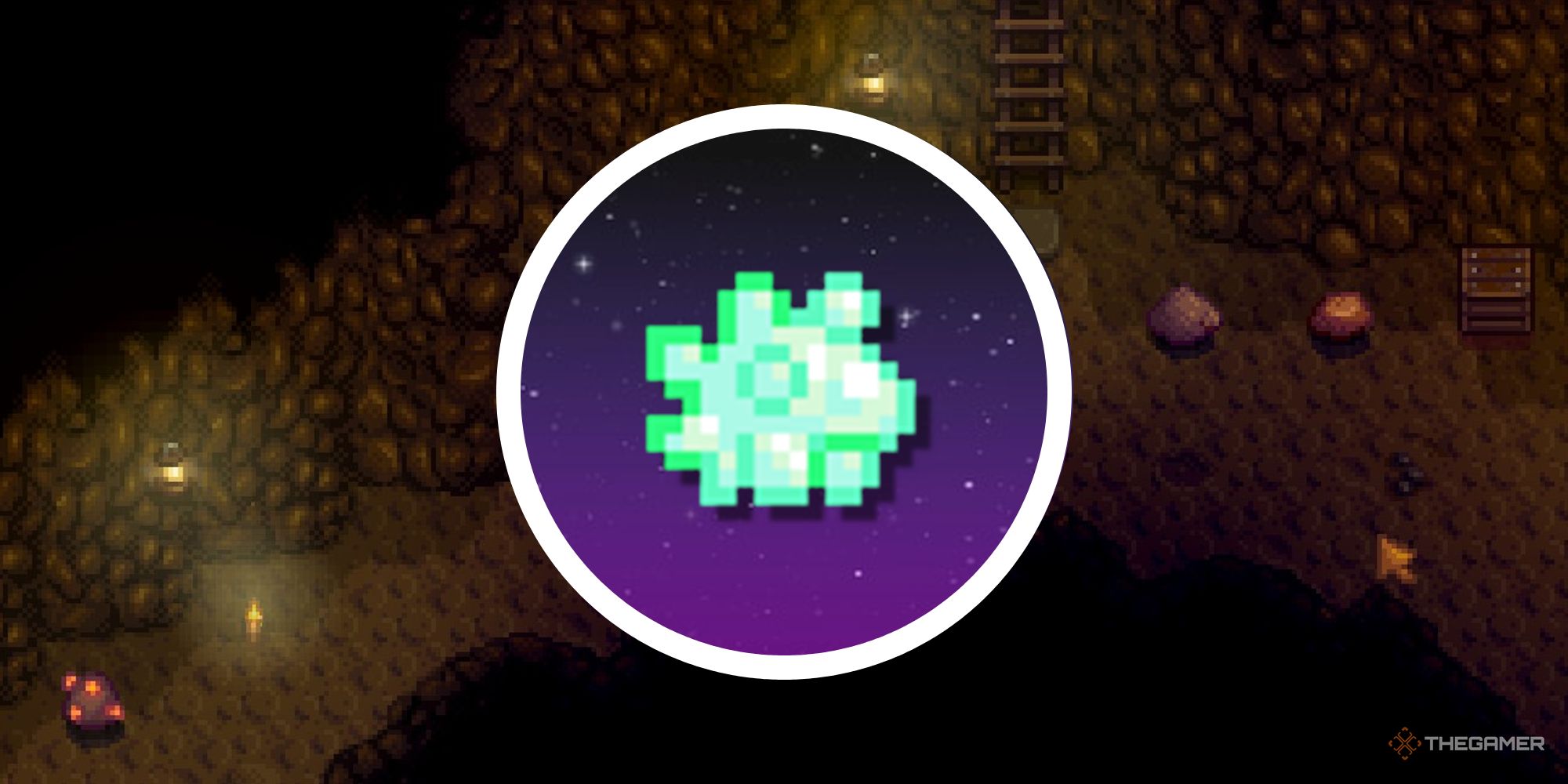 stardew valley ectoplasm in circle png over image of the mines