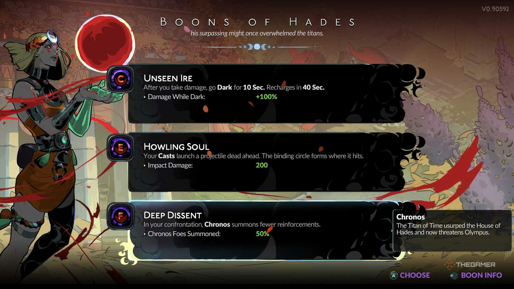 Melinoe inspects Hades' Deep Dissent boon in Hades 2.
