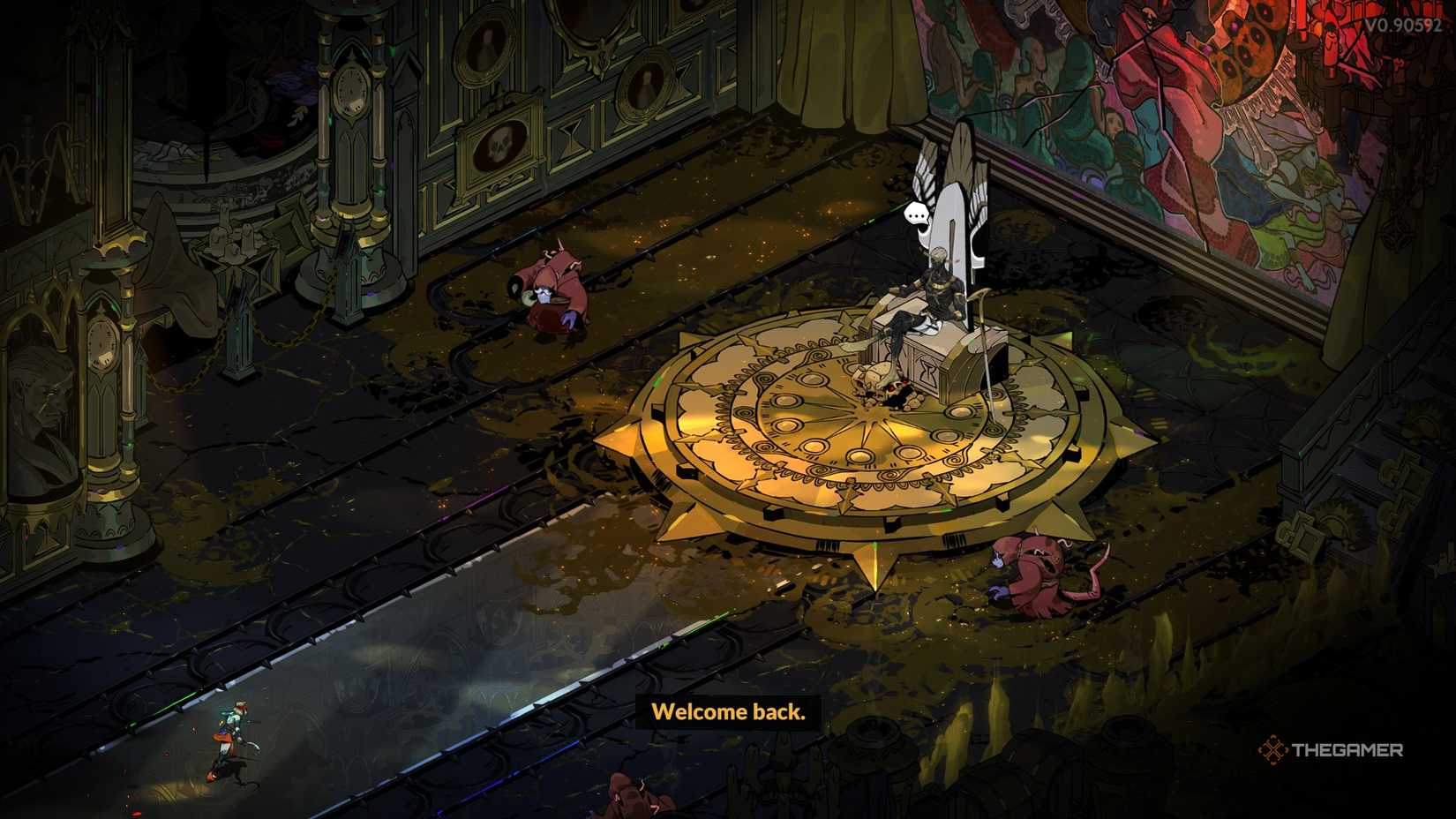 Player runs into the House of Hades to find Chronos sitting on throne beside two satyr cultists in Hades 2.