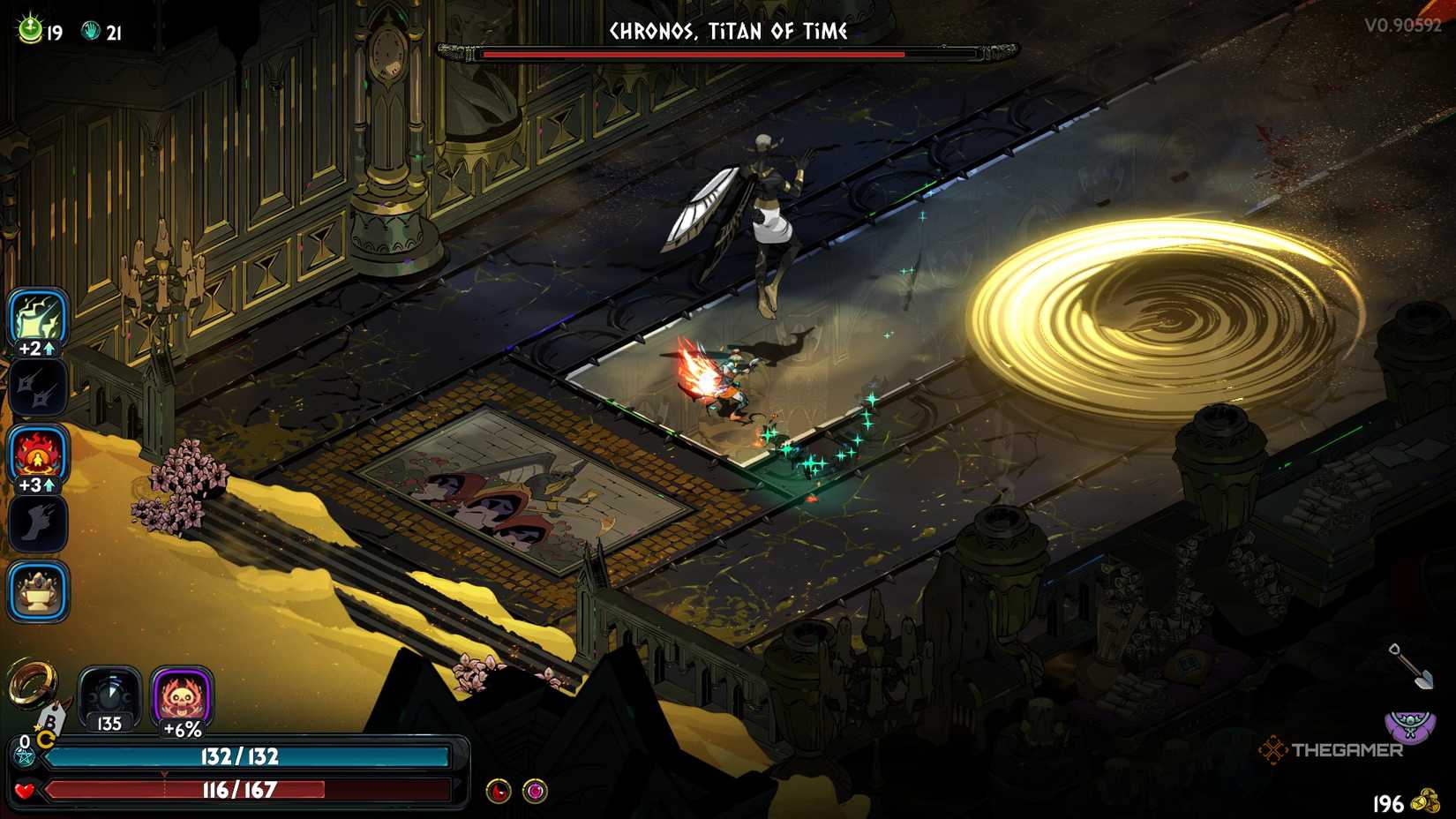 Melinoe dashes behind Chronos to stab him in the back with the Sister Blades as he uses Cyclone Slash in Hades 2.