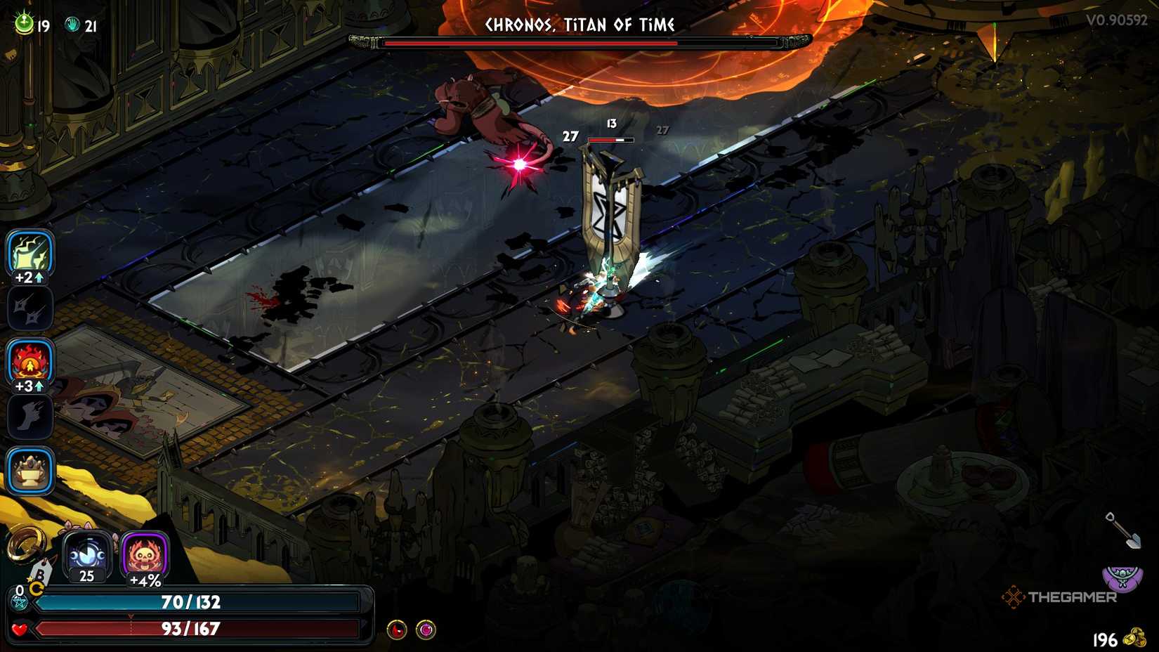 Melinoe begins to strike flagposts during Chronos fight in Hades 2.
