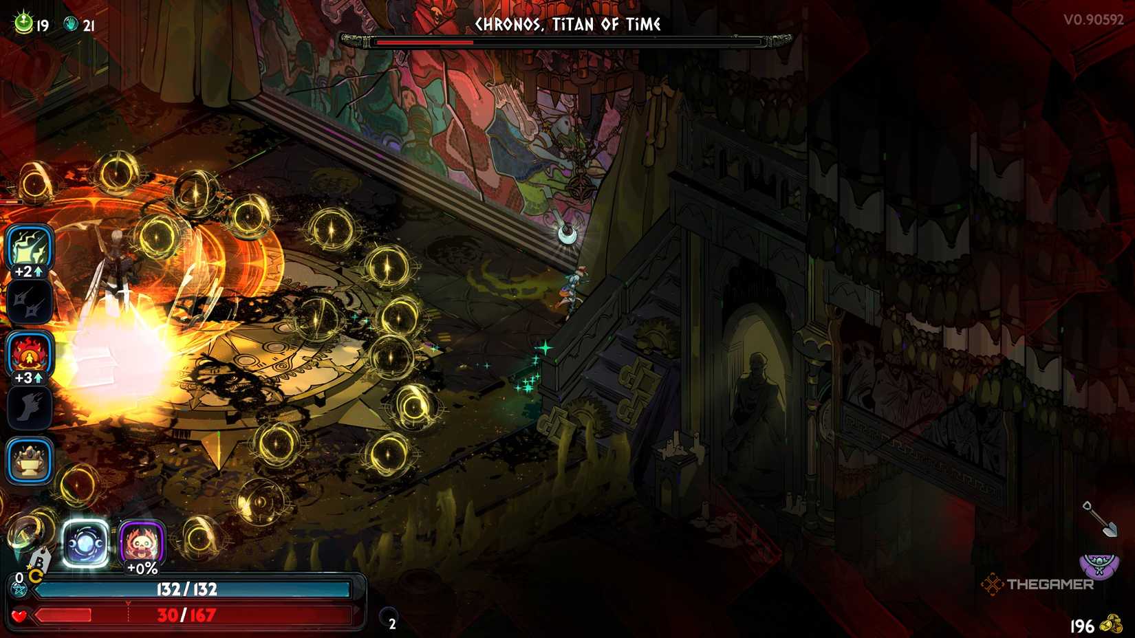 Melinoe hides in the corner as Chronos summons spiraling orbs during fight in Hades 2.