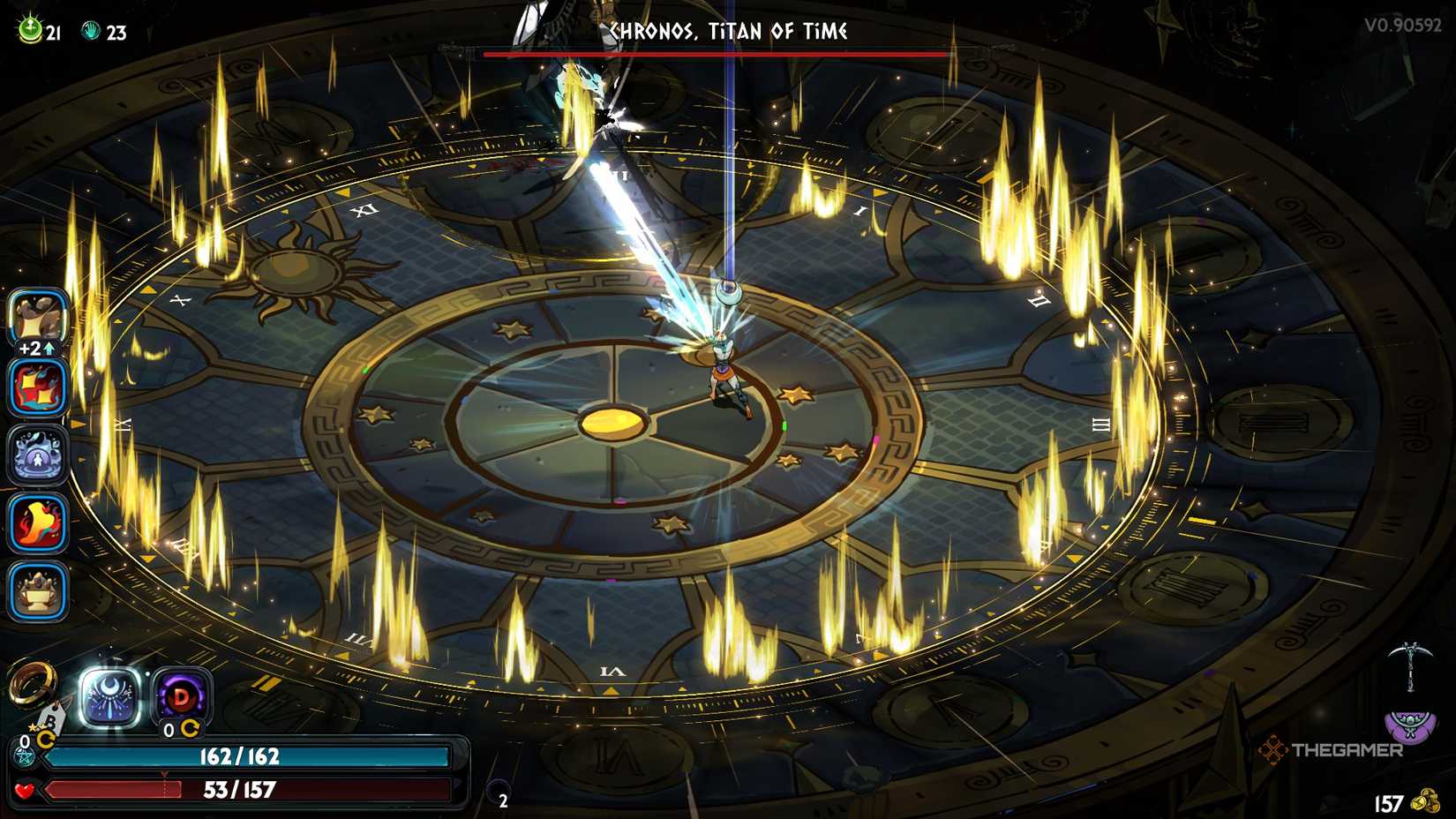 Melinoe uses Selene's moon beam laser against Chronos Phase Two as circle of time encloses around her in Hades 2.