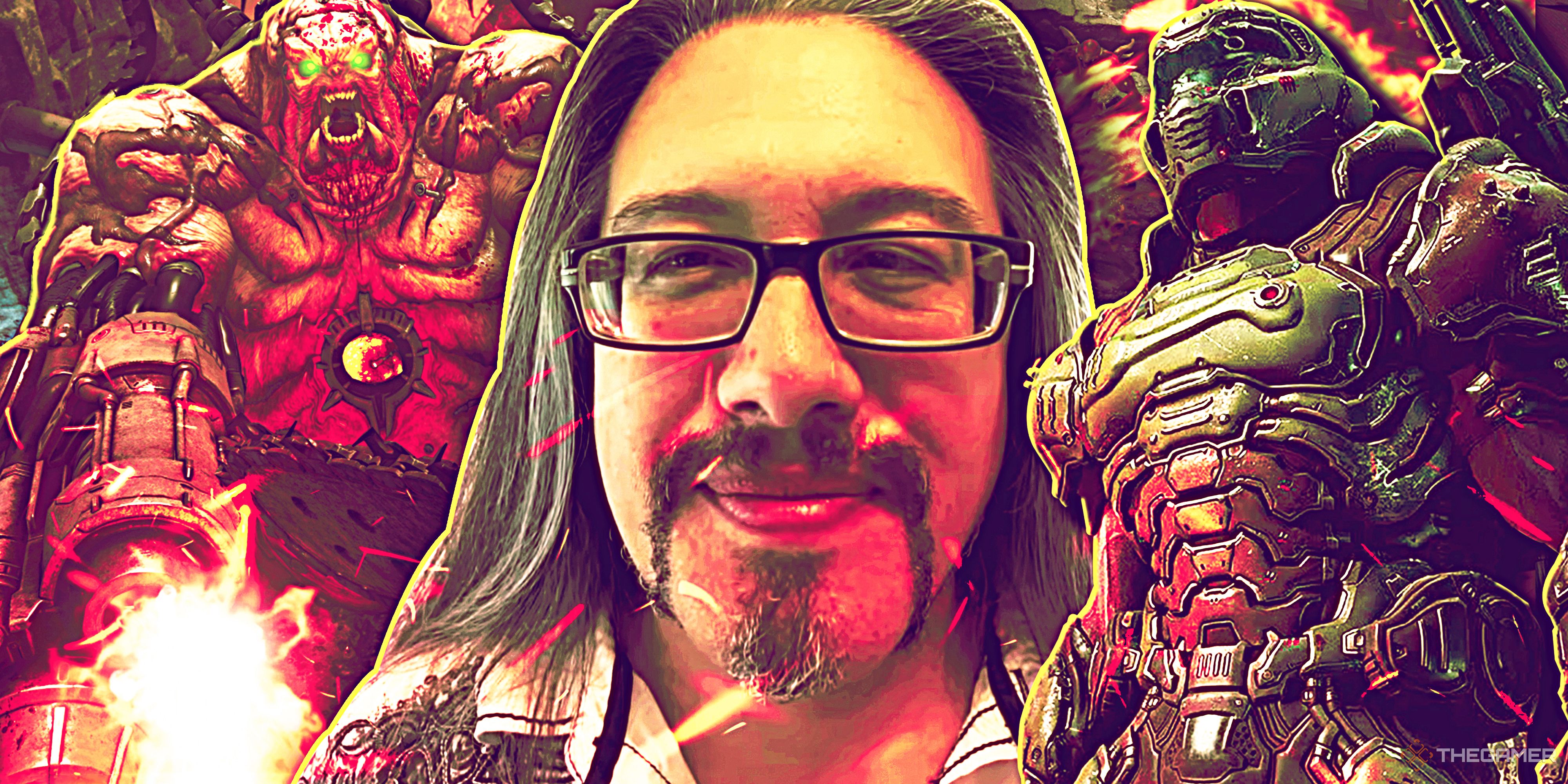 John Romero alongside the Doomslayer and the Doom monster