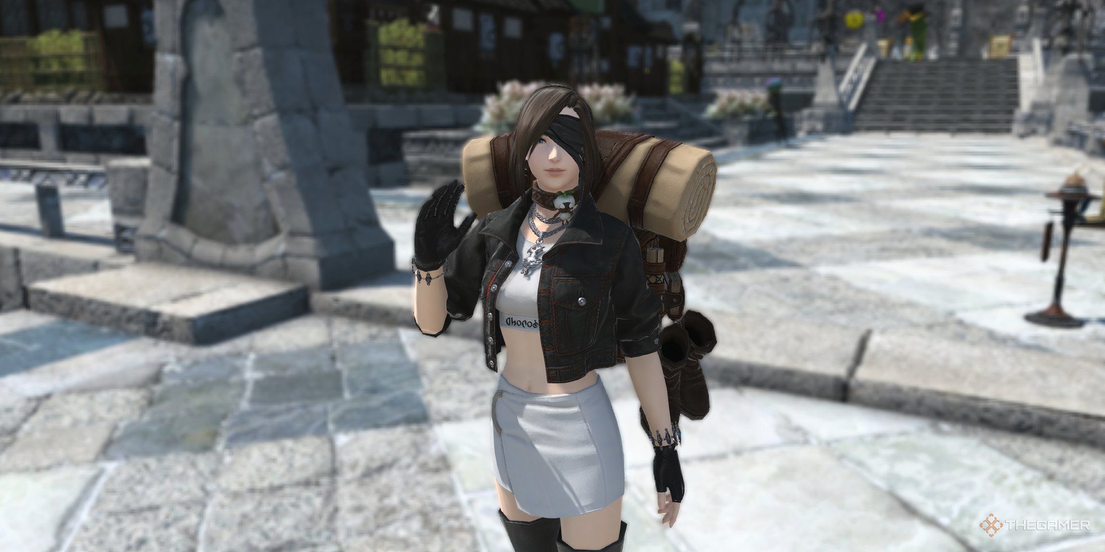 A player waving at the screen while using the backpack accessory in Final Fantasy 14.