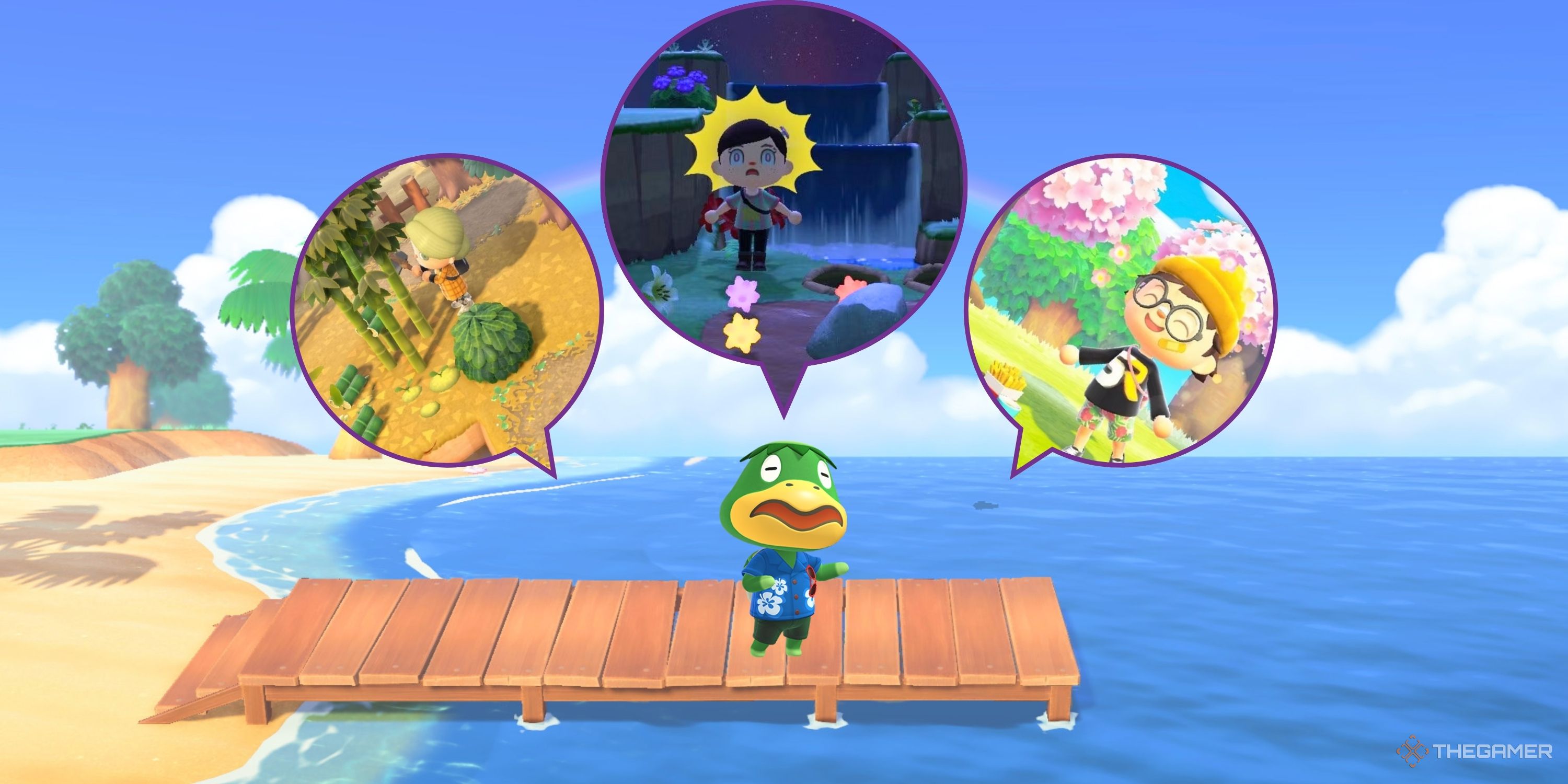 Kapp'n from Animal Crossing New Horizons on a dock with thought bubbles containing various islands floating above his head.