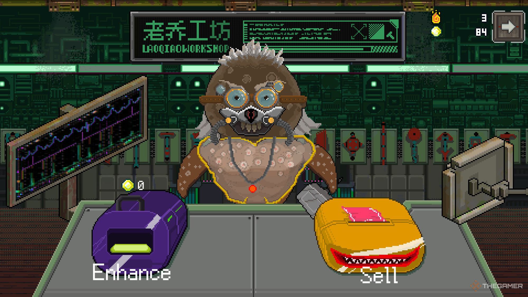 Cluckmech Oasis - Player inside the workshop and cyborg character offers two options