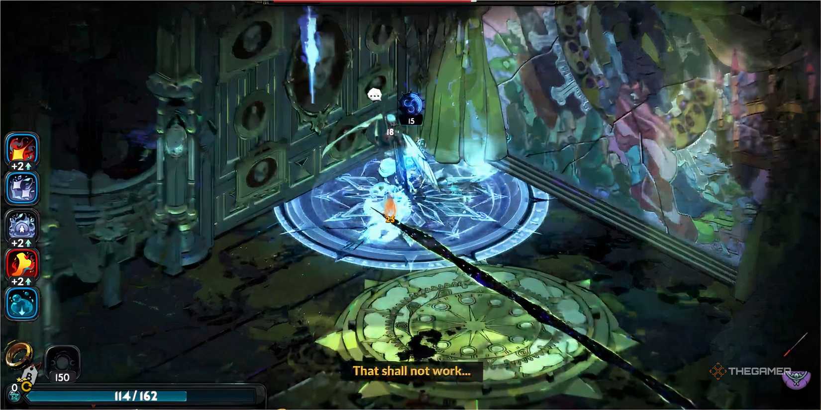 Melinoe uses Selene's Time Slow boon during combat but is mocked by Chronos for its failure in Hades 2.