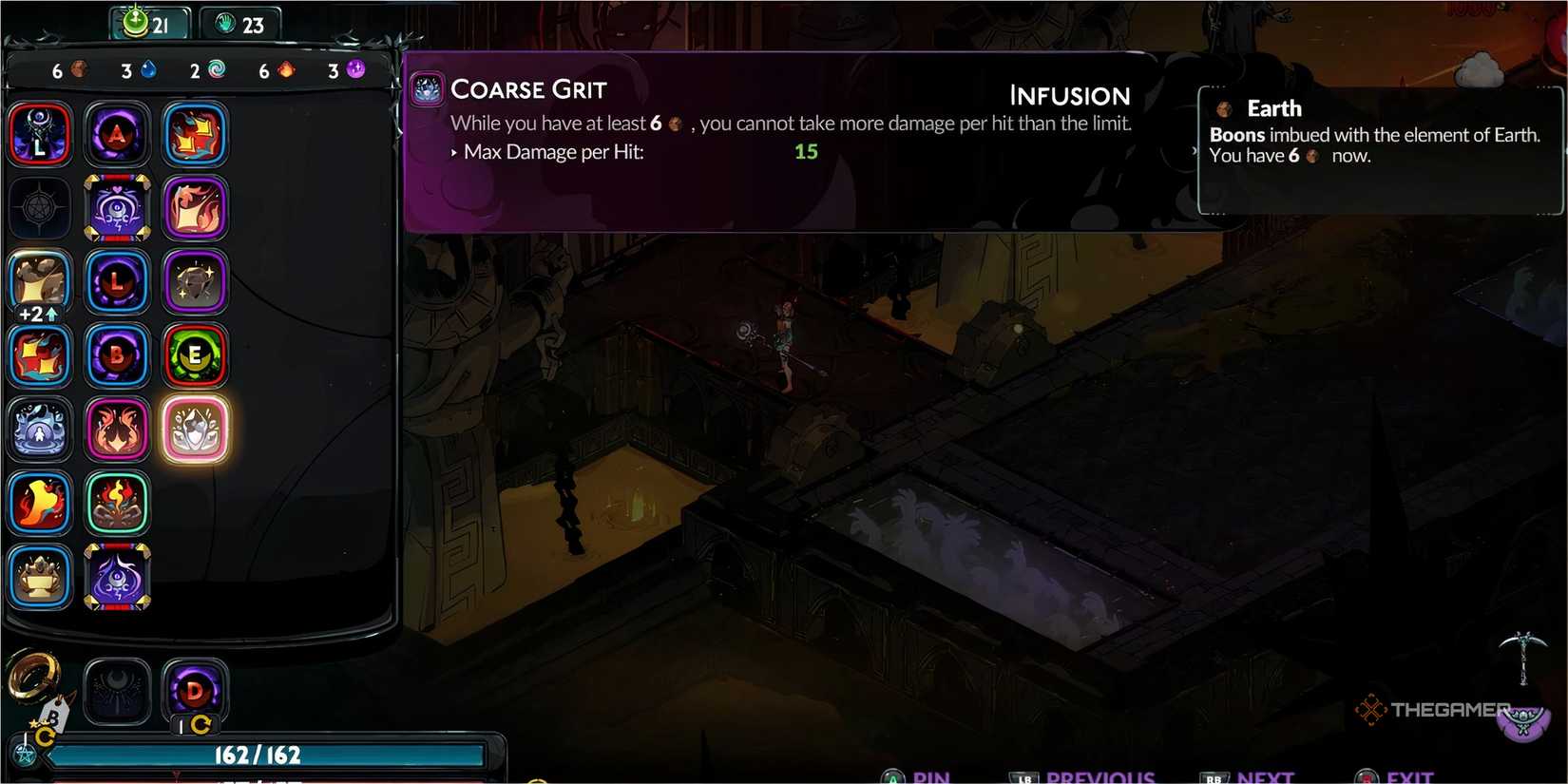 Melinoe examines Demeter's Coarse Grit Infusion boon before entering Chronos's fight in Hades 2.