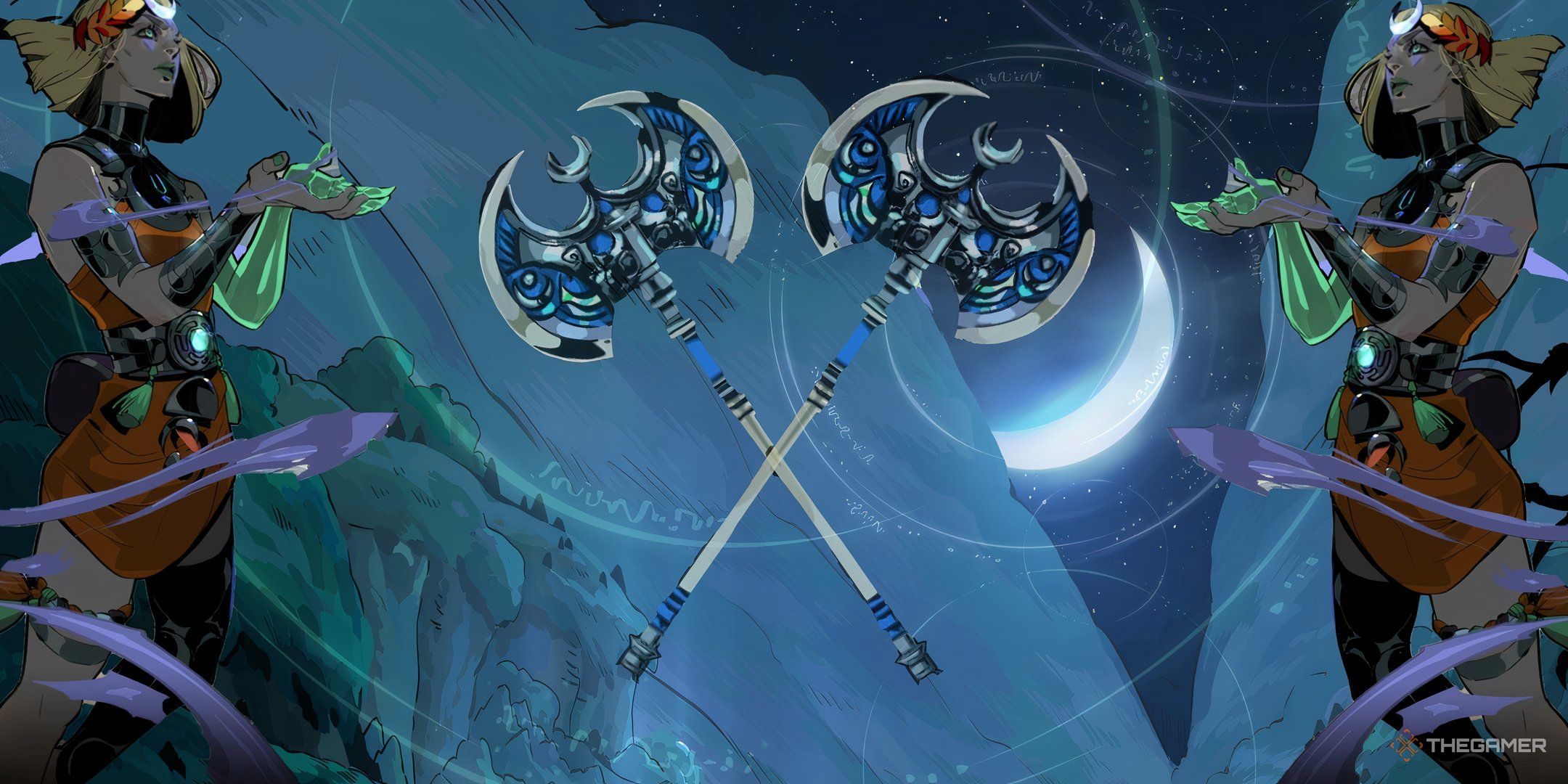 Crossed Moonstone Axes on a background of moonlit Erebus and idolized by mirroring images of Melinoe in Hades 2.