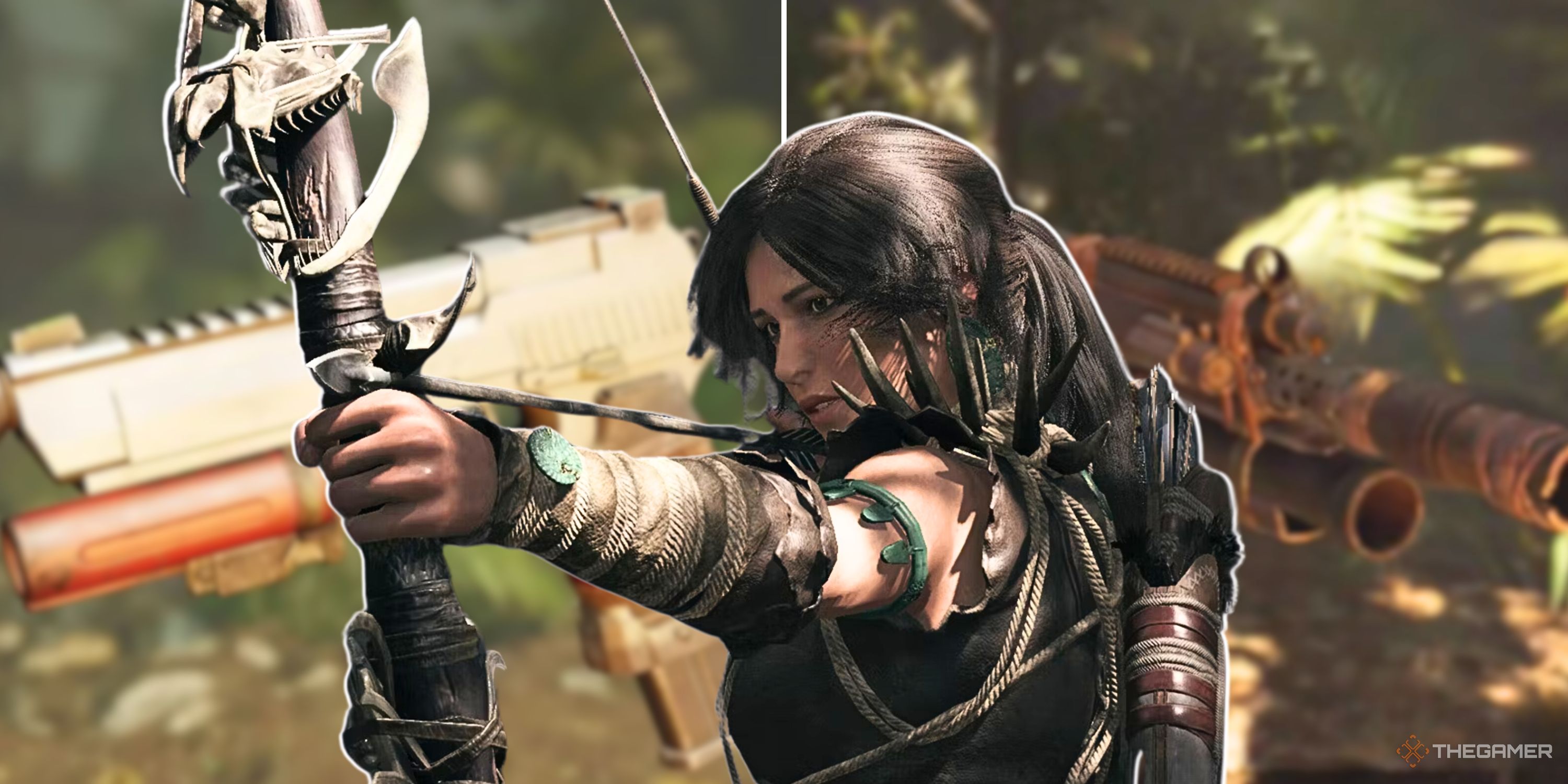 Collage image featuring two weapons and Lara Croft aiming a bow in Shadow Of The Tomb Raider