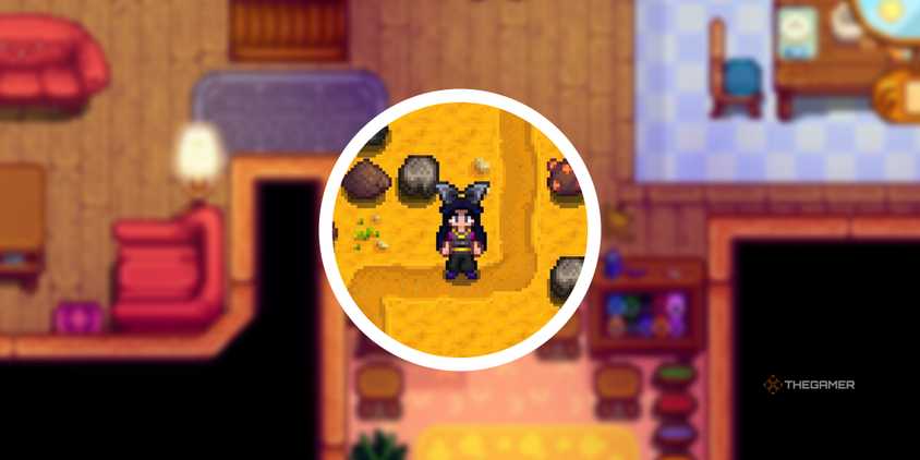 stardew valley blurred image of sewing area in emily and haleys house with circle png of player in arcane shirt