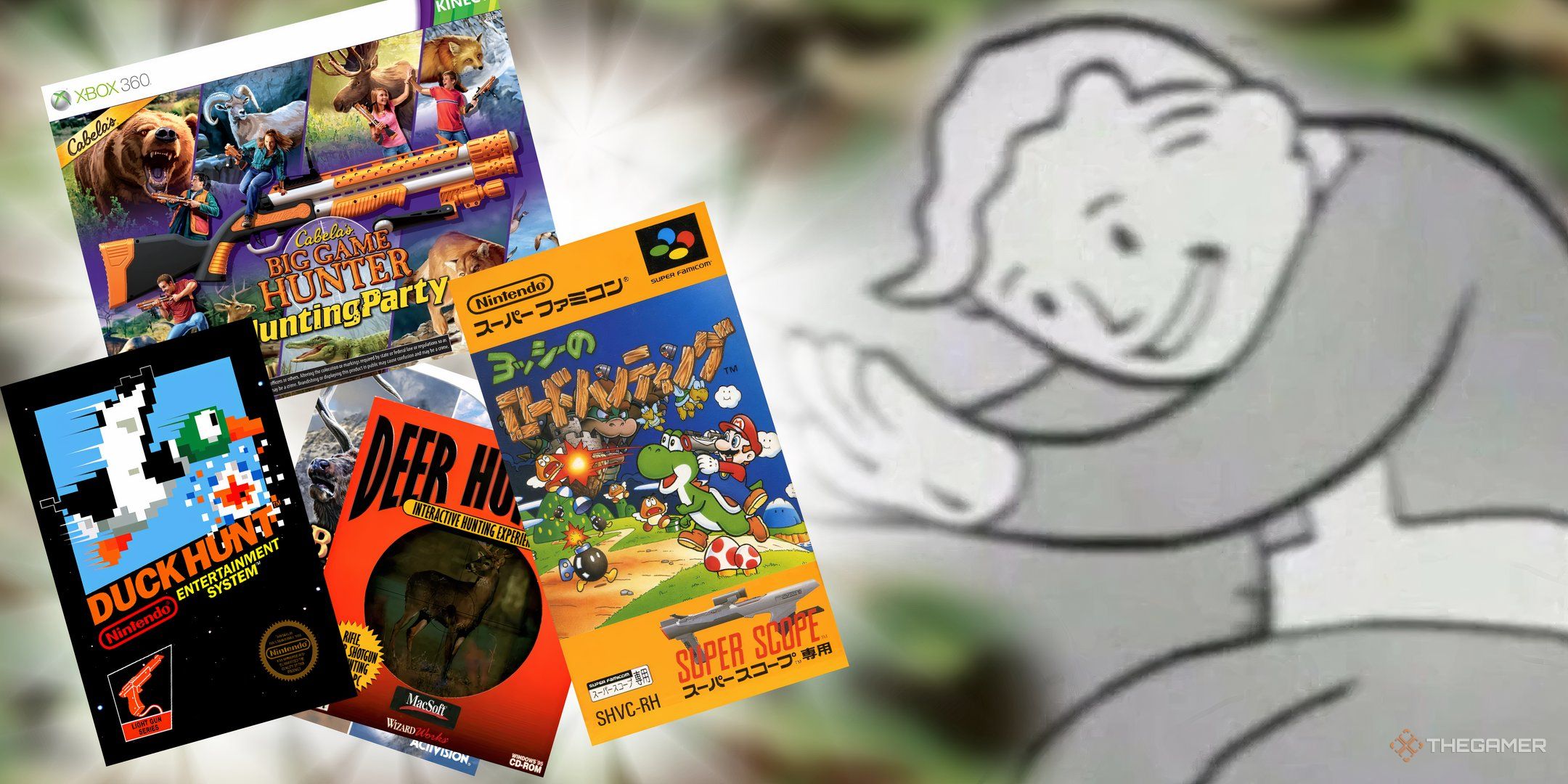 A cluster of assorted hunting themed video games is presented by a cartoon character from the video game series Fallout above a camo background.