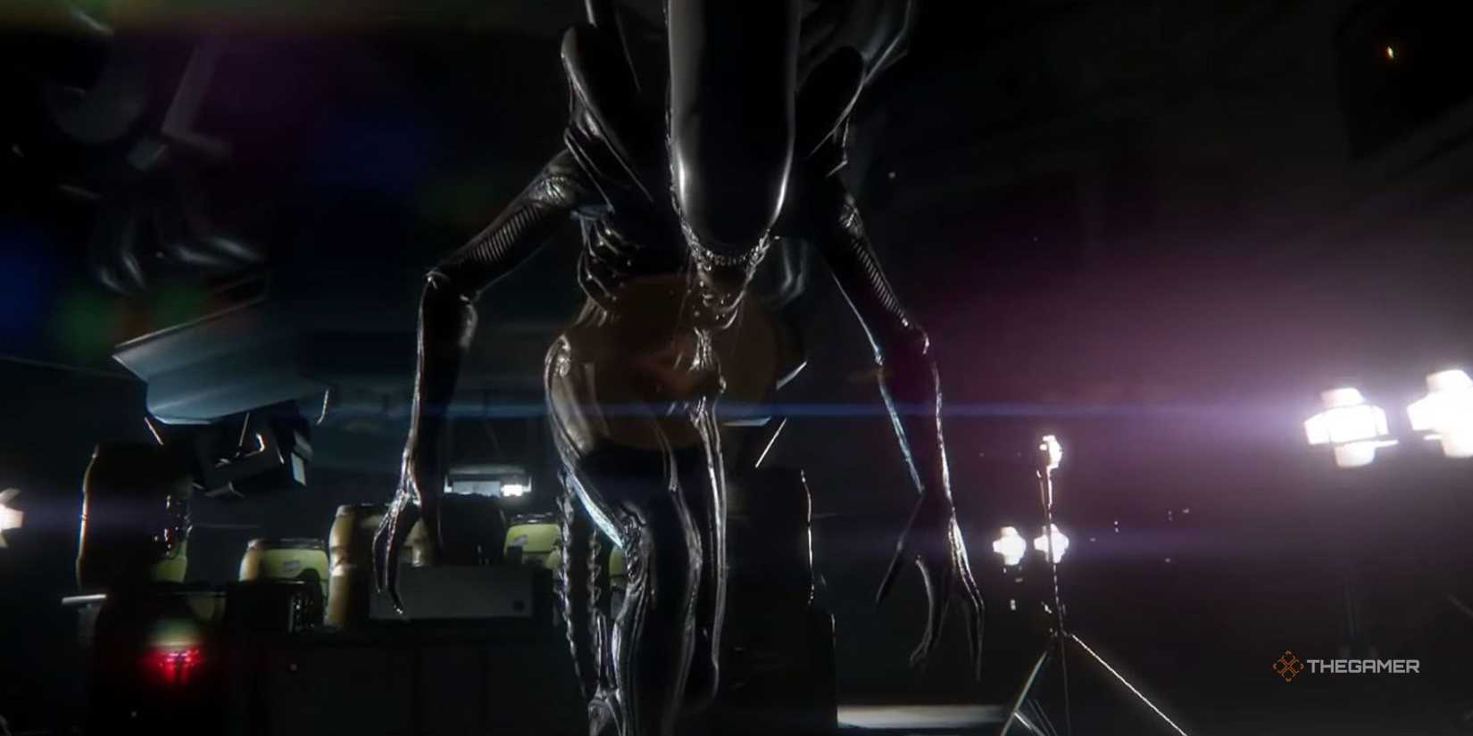 Close-up of the Xenomorph in Alien Isolation approaching the player in a tense cutscene.