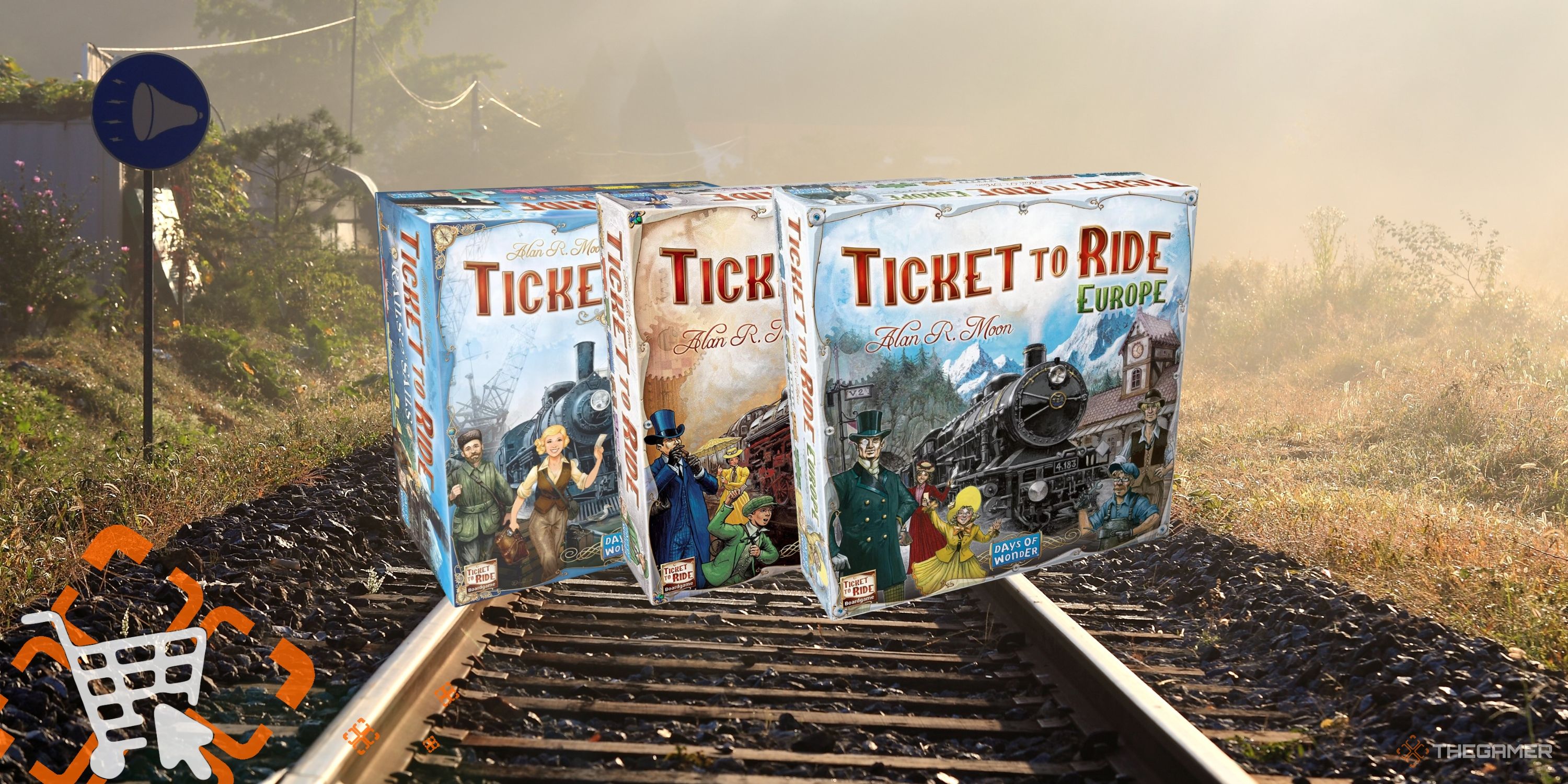 Collage image of three train themed games on a photo of a train track