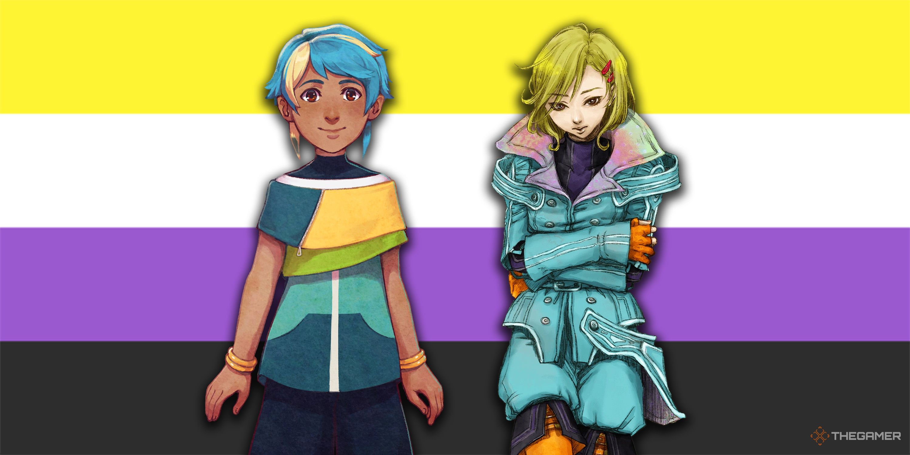 Sol from I Was a Teenage Exocolonist and Setsu from Gnosia in front of a Non-Binary Flag