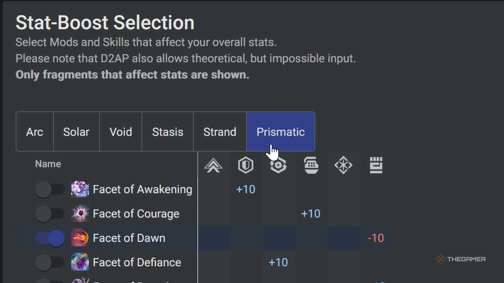 Destiny 2 D2ArmorPicker Website Selecting Fragment Options