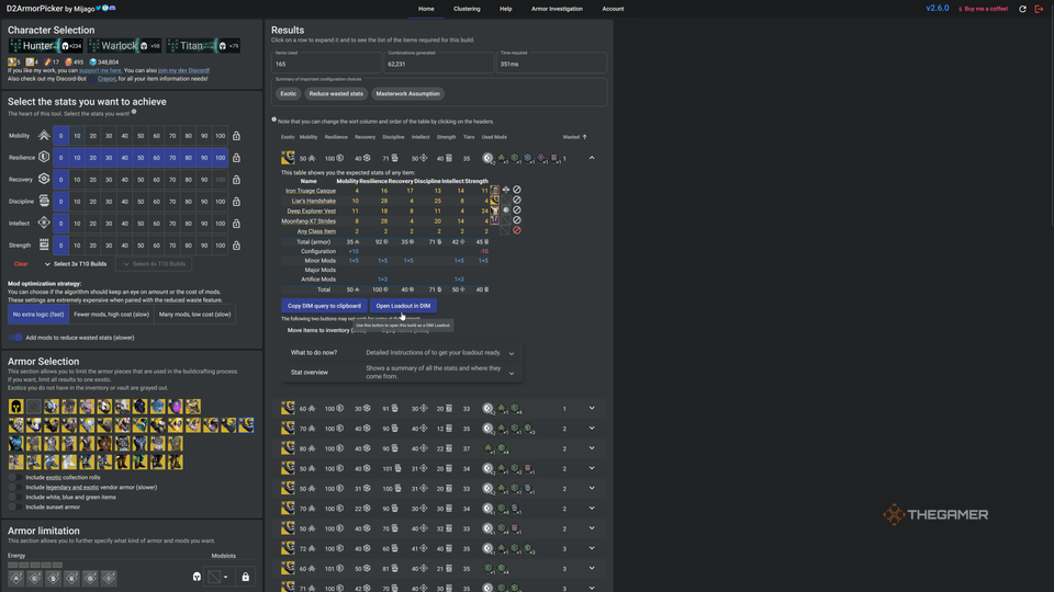 Destiny 2 D2ArmorPicker Website Selecting Loadout