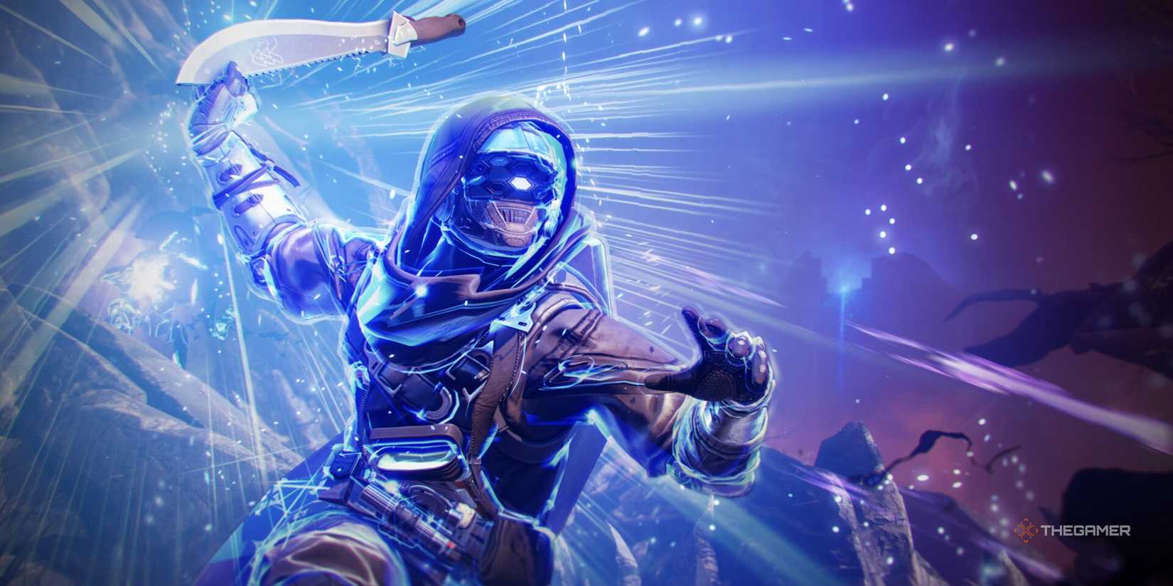 A Destiny 2 character holding a knife from the blade while glowing blue.