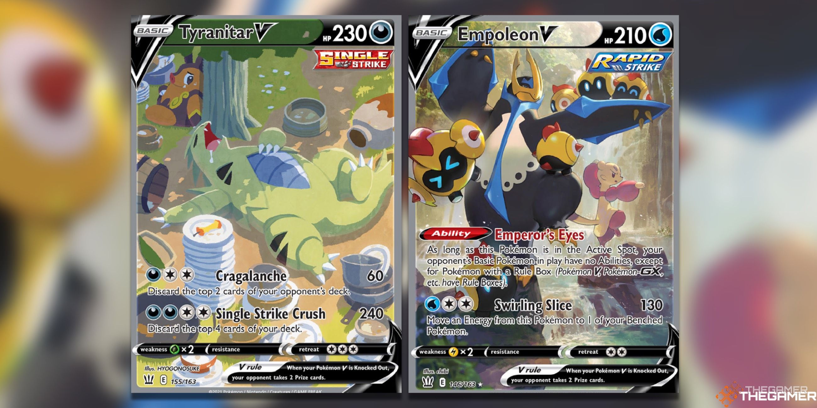 The Battle Styles Tyranitar V and Empoleon V alternate full arts from the Pokemon TCG.