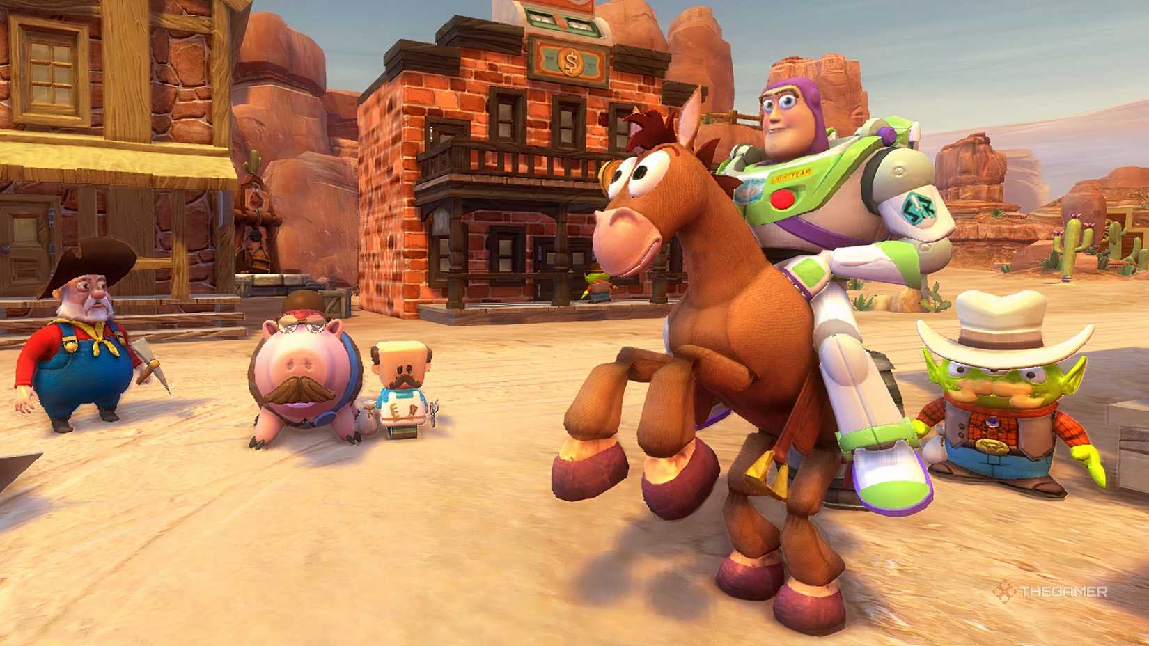 Buzz Lightyear sitting on a horse in Toy Story 3.