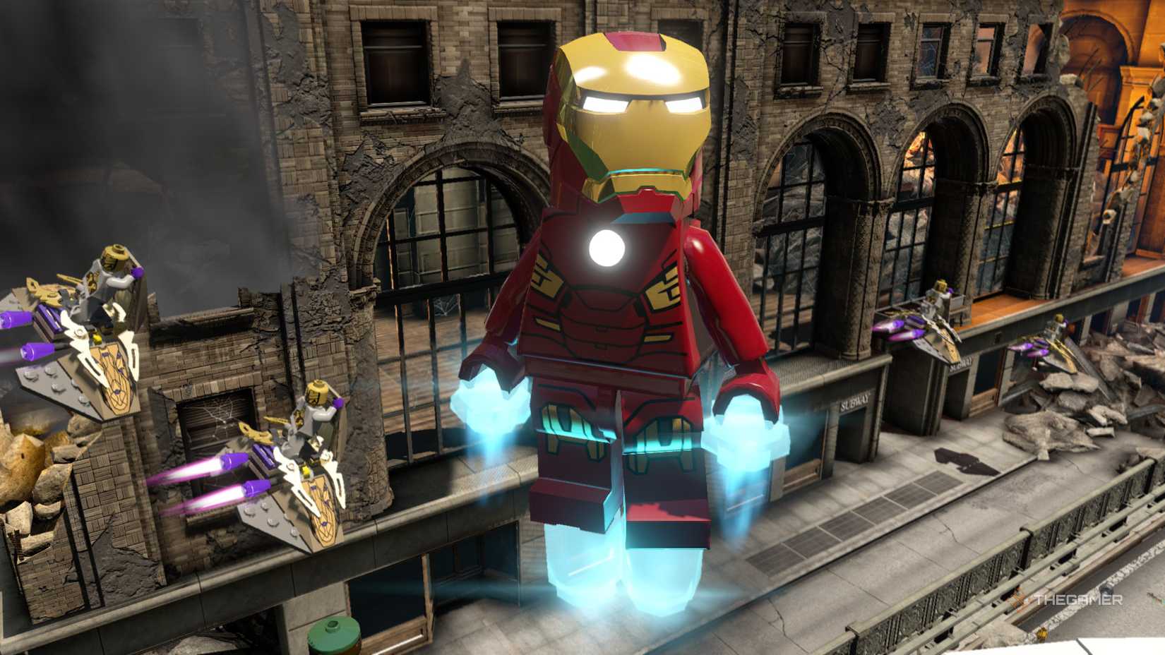 Iron Man flying above New York with aliens surrounding him in Lego Marvel's Avengers.