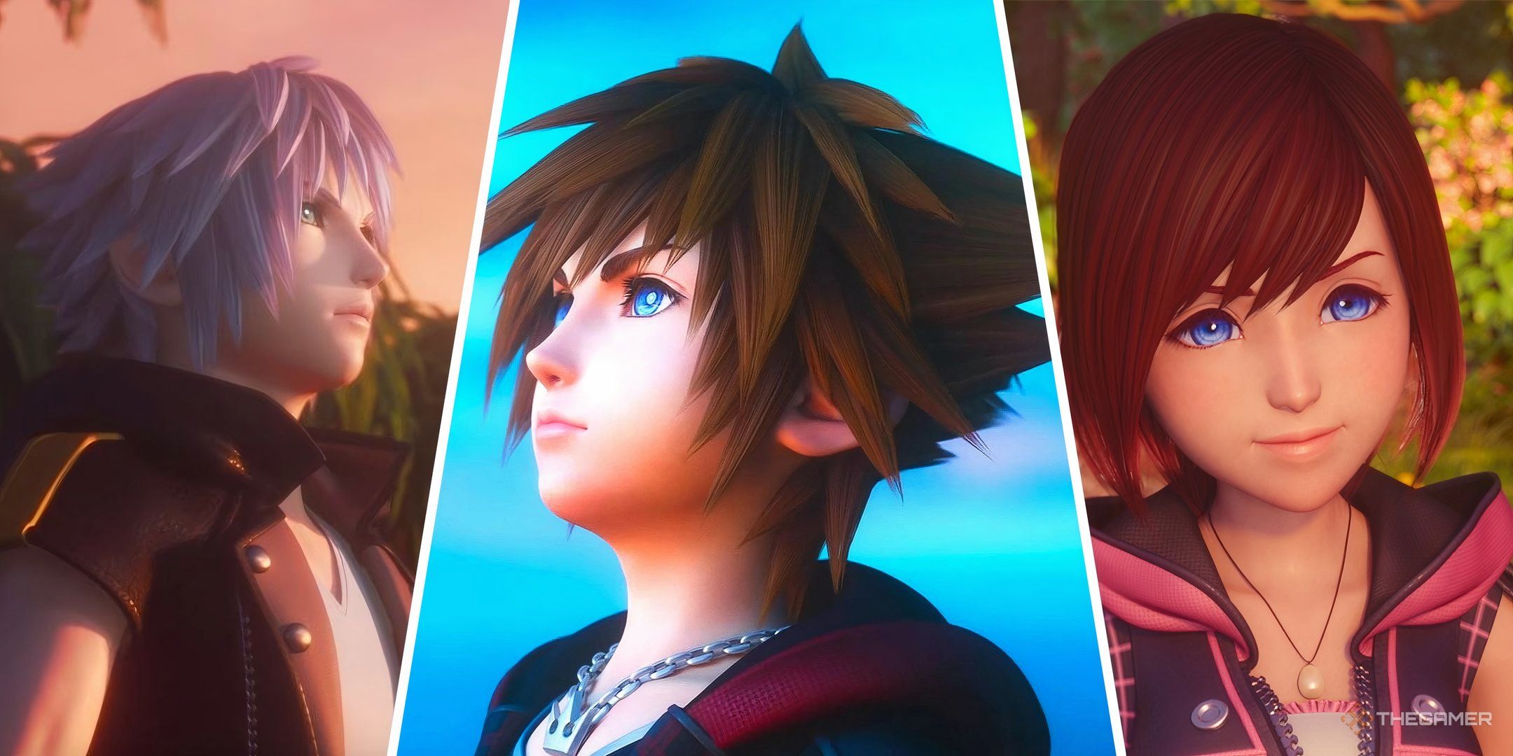 Split images of Riku, Sora, and Kairi in Kingdom Hearts