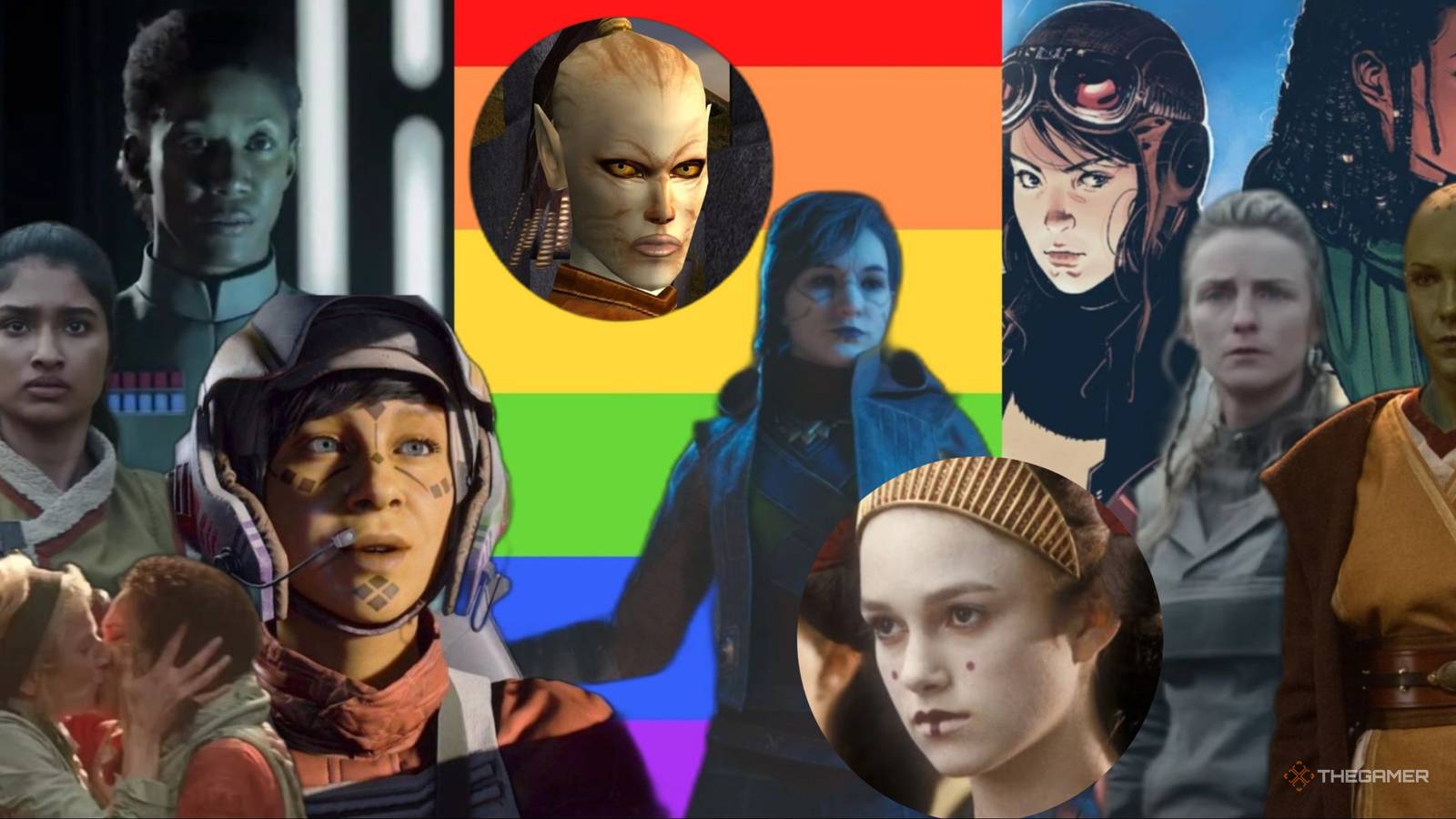 Star Wars Best LGBTQ+ Characters Updated Feature Image Collage With Vernestra Rwoh, Juhani, Sabe, Larma And Wrobie Kissing From The Rise of Skywalker, And The Pride Flag In The Center