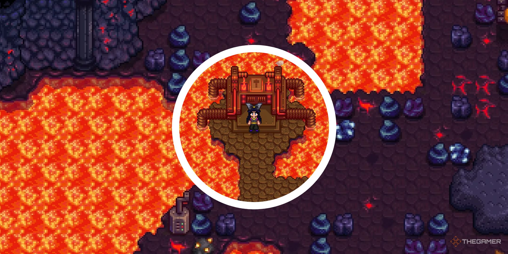 stardew valley image of volcano dungeon with circle png of player at volcano forge