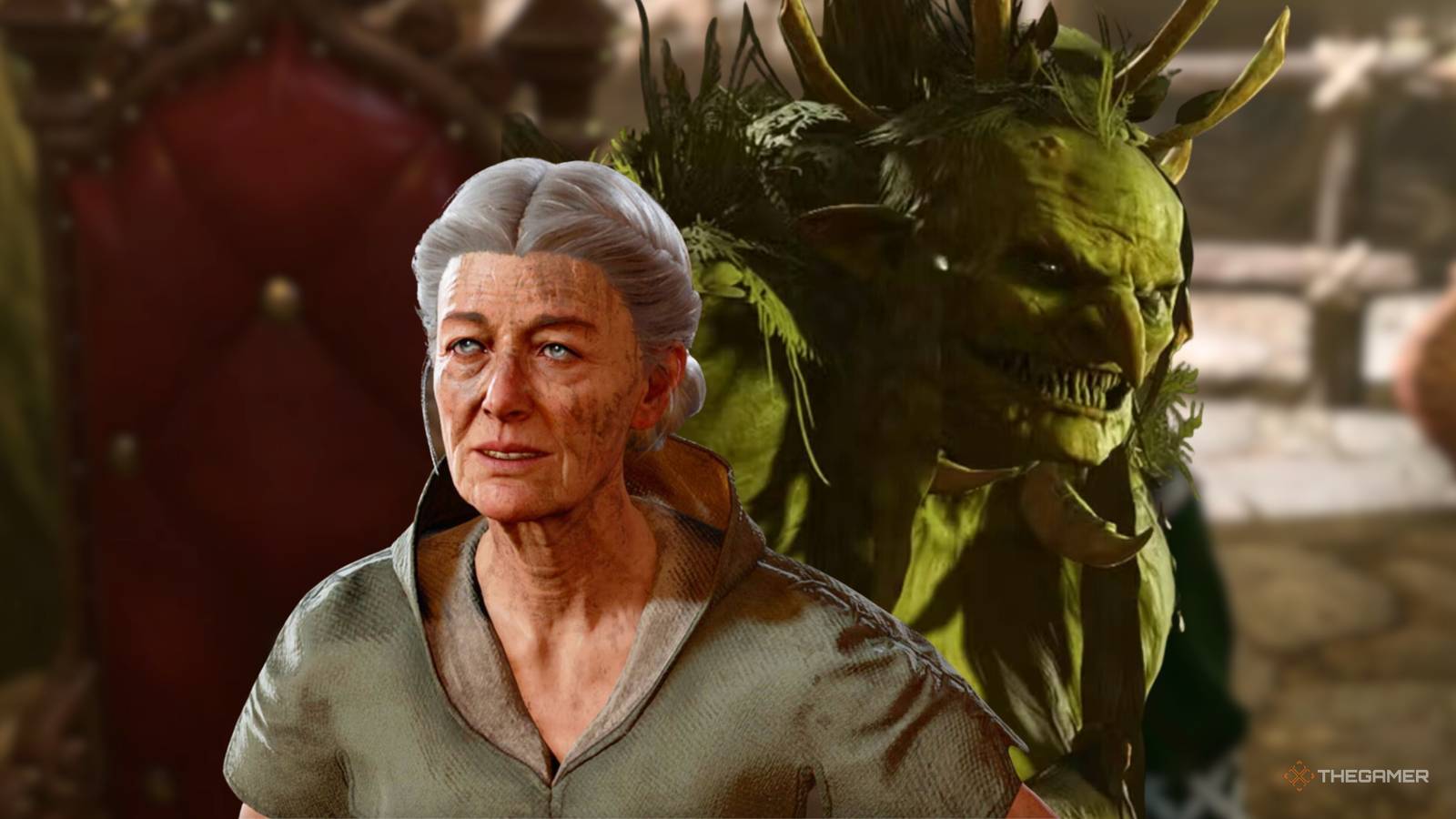 Baldur's Gate 3 collage image featuring Auntie Ethel and her hag form