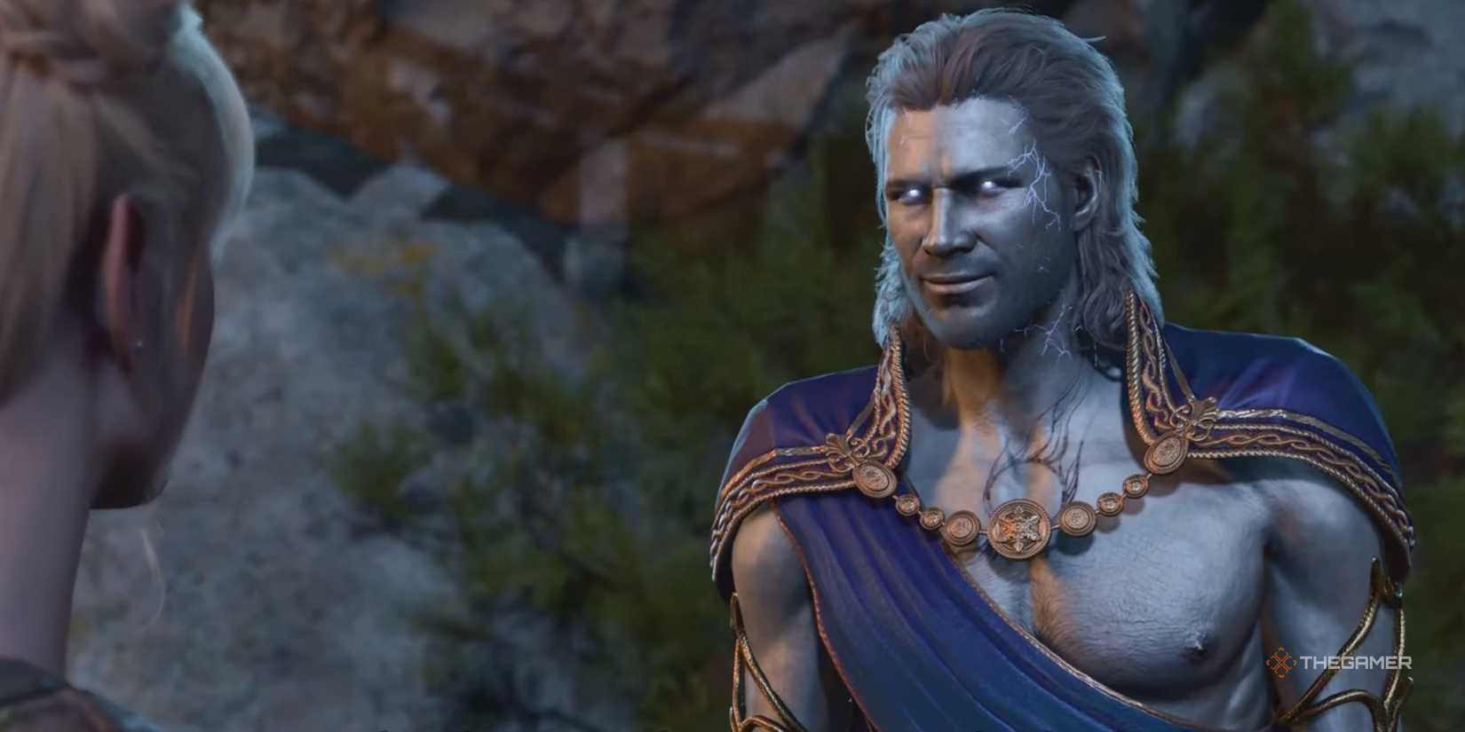 Gale in Baldur's Gate 3 Epilogen after reaching divinity. He is silver, with glowing eyes and wears blue clothes.
