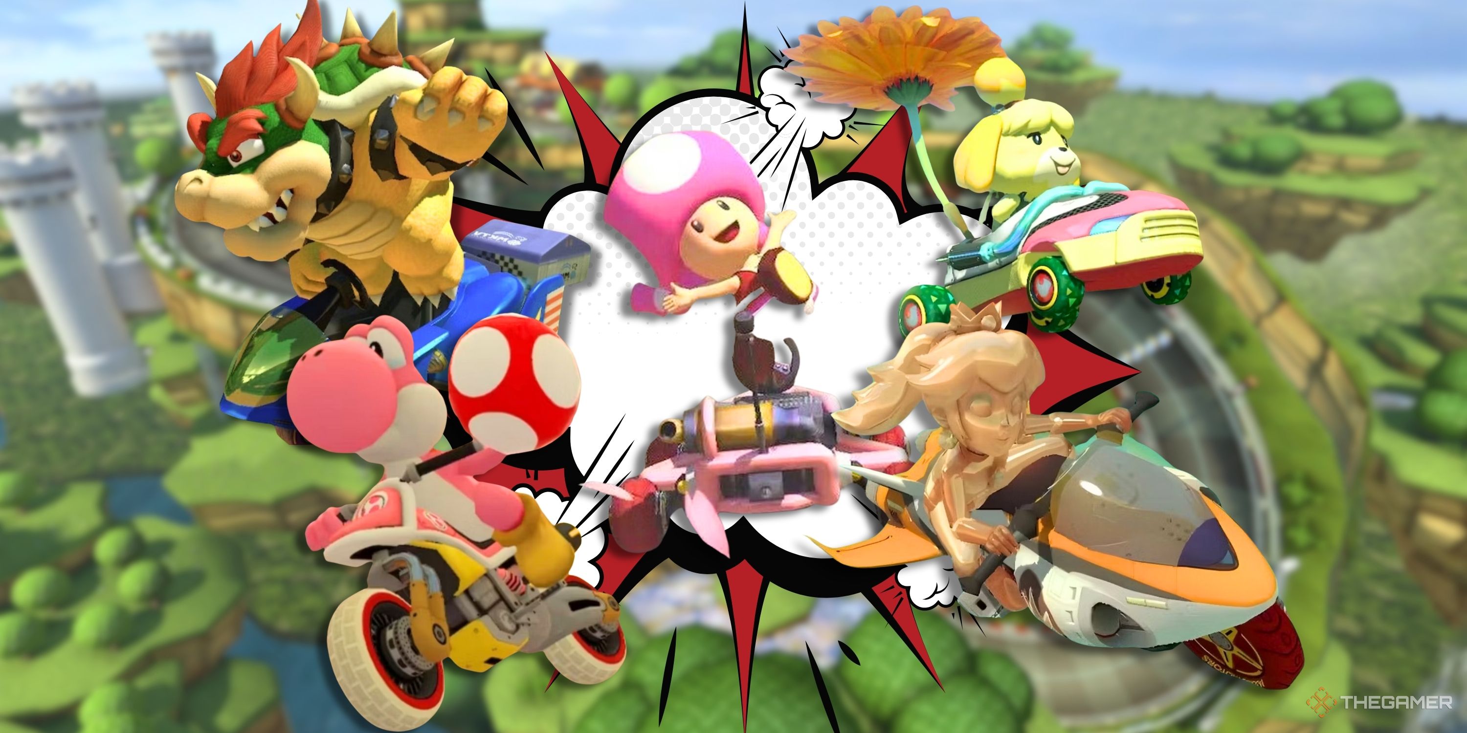 Collage image featuring Mario Kart characters Bowzer, Yoshi, Toadette, Isabelle, and Rosalina mid race