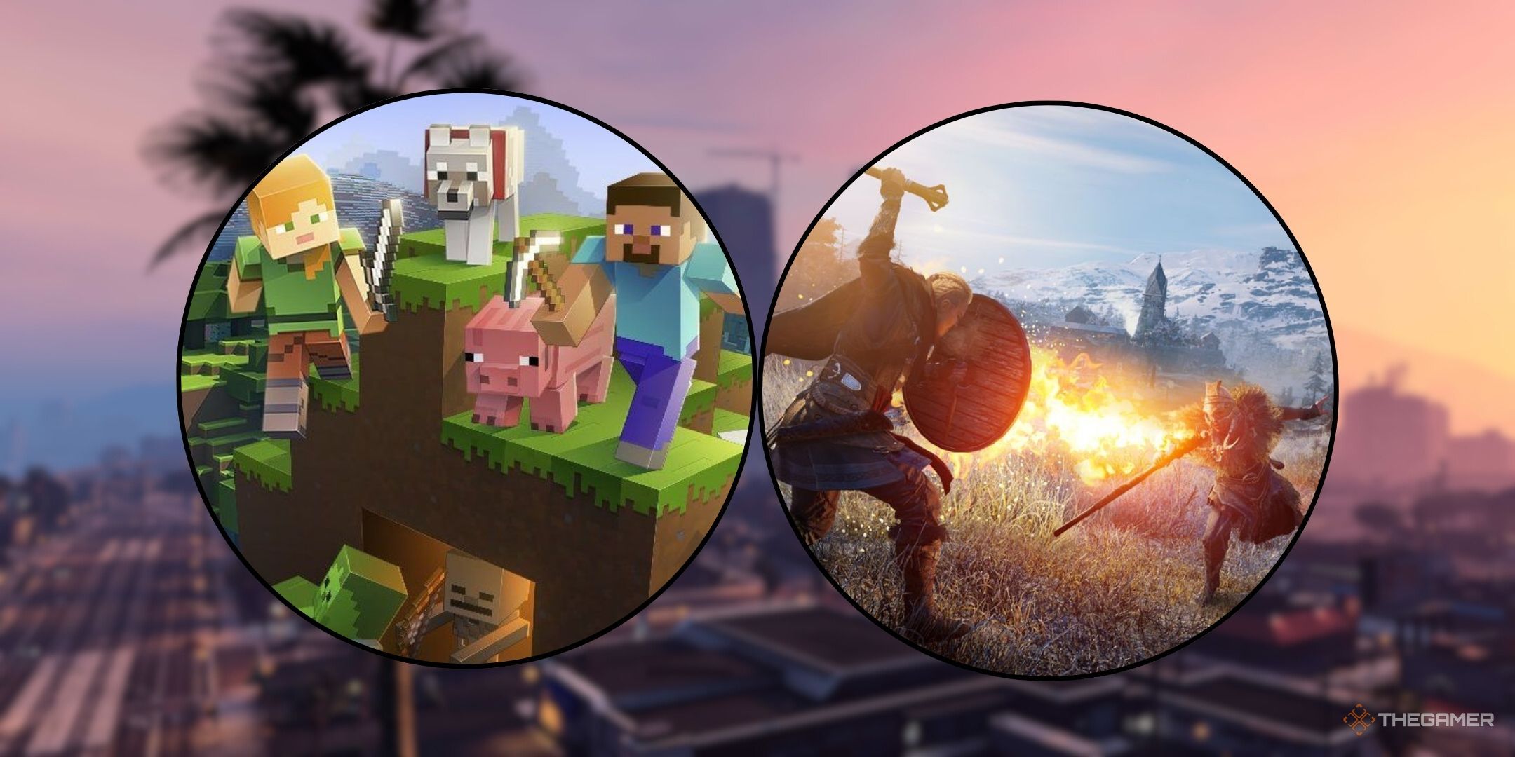 Differences between open world and sandbox Featured image Los Santos background with a screenshot of Minecraft and Assassin's Creed Valhalla in circles in the foreground