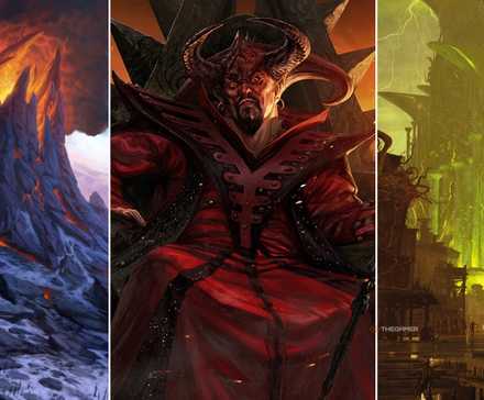 dungeons & dragons collague showing a volcanoe, asmodeus and an iron city