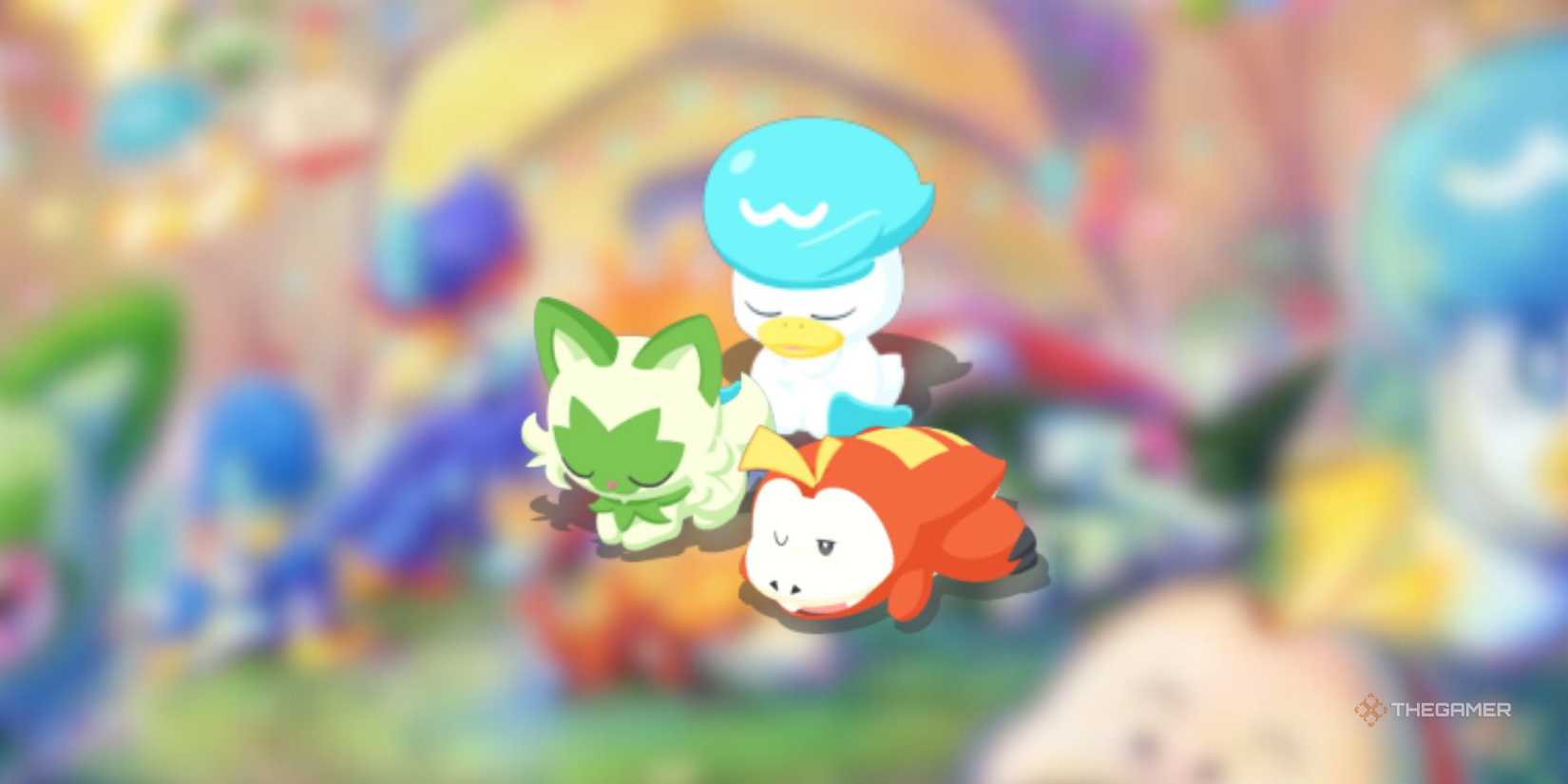 A collage showing Sprigatito, Fuecoco and Quaxly sleeping against a distorted background from Pokemon Sleep.